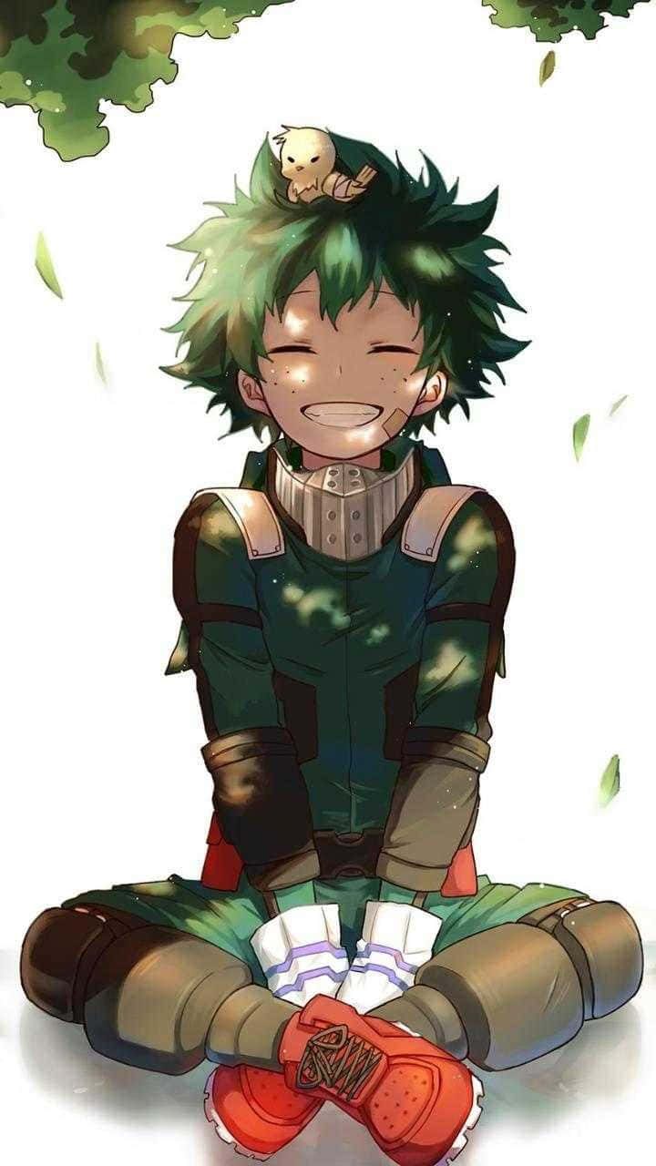 Cute Aesthetic Deku, green hair, falling leaves, HD Phone Wallpaper