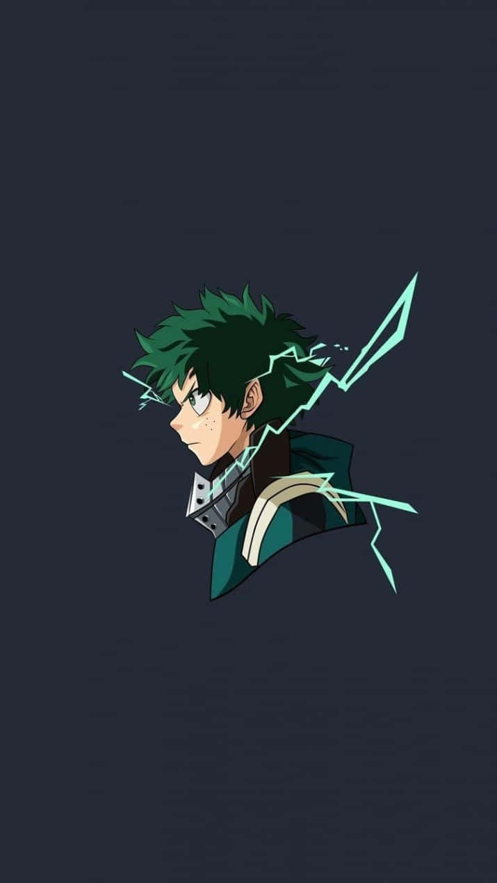 Cute Aesthetic Deku, spiky green hair, glowing teal lightning bolts, SD Phone Wallpaper