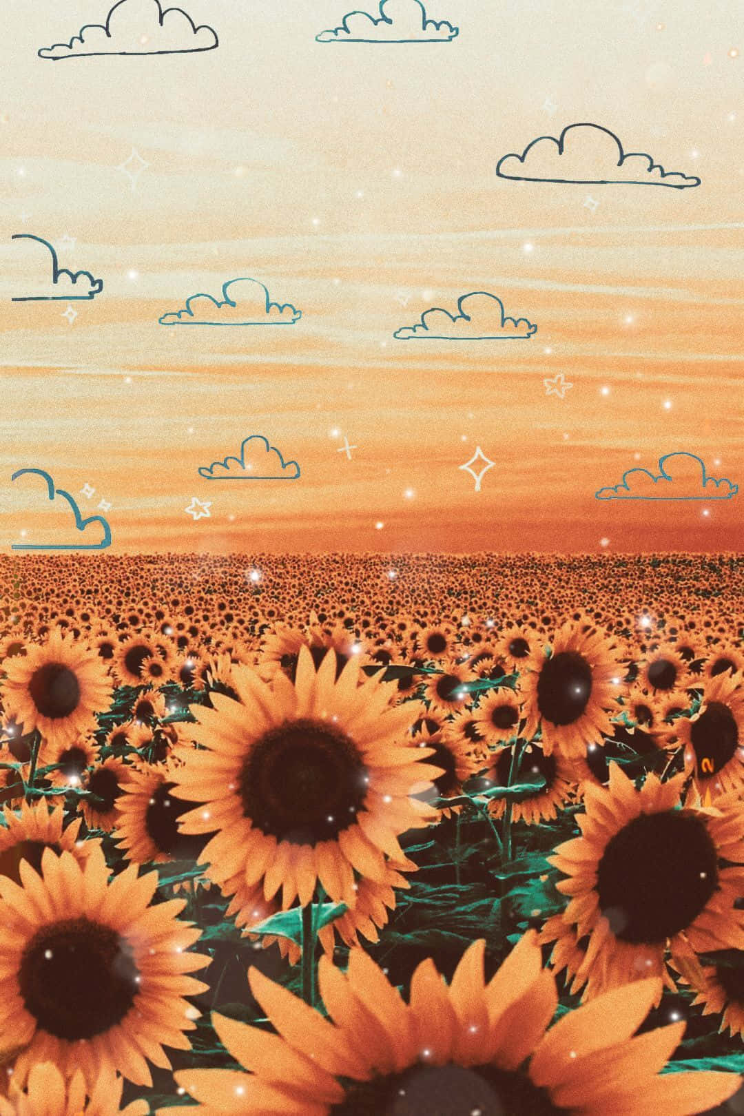 sunflowers, orange sky, outlined clouds, HD Phone Wallpaper
