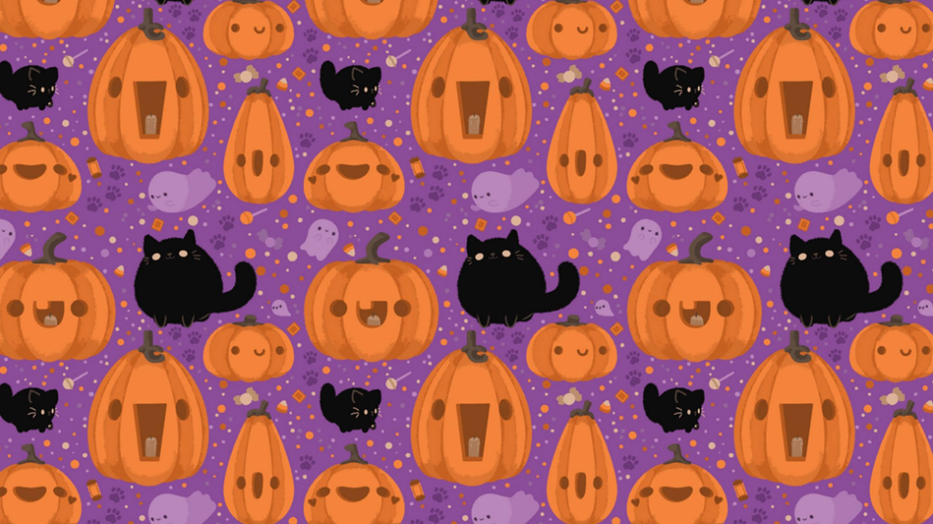 Cute Aesthetic Halloween, orange pumpkins, black cats, Full HD Desktop Wallpaper