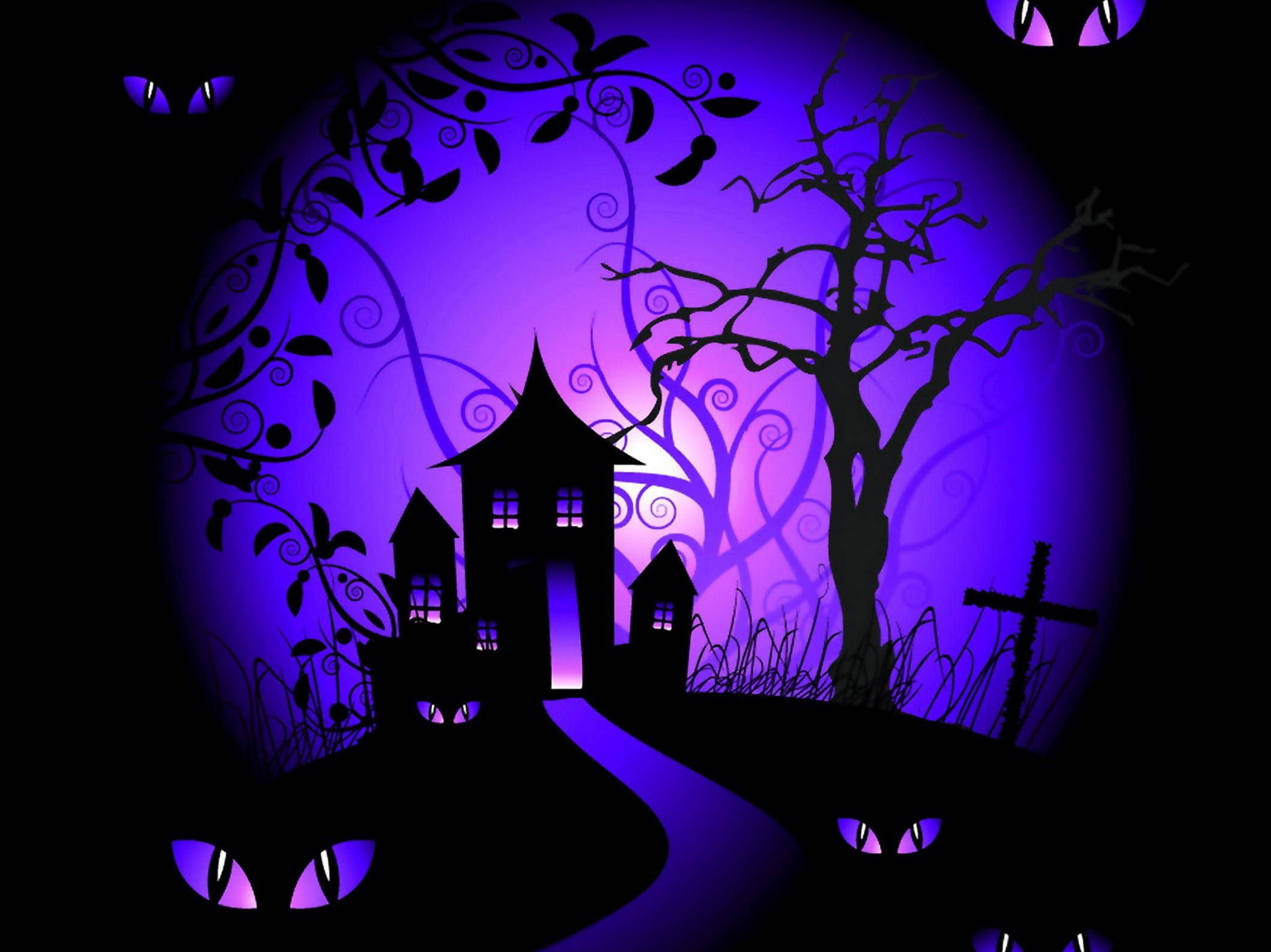 Cute Aesthetic Halloween, haunted house, spooky purple-hued, Full HD Desktop Wallpaper