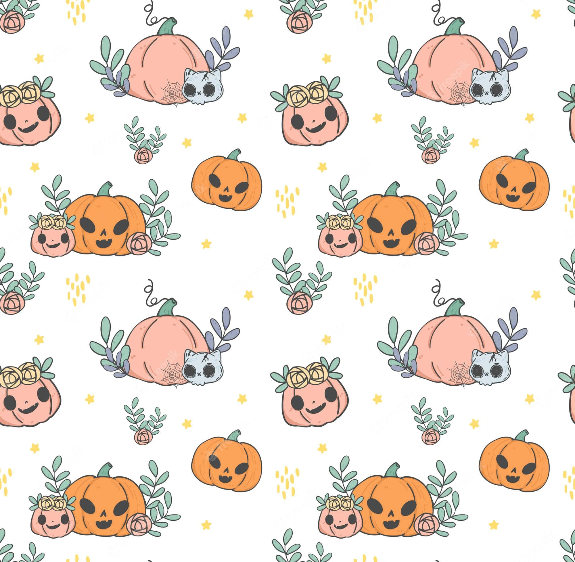 Aesthetic Cute Halloween Jack O'Lantern Doodle, cartoon pumpkins, smiling faces, Full HD Desktop Wallpaper