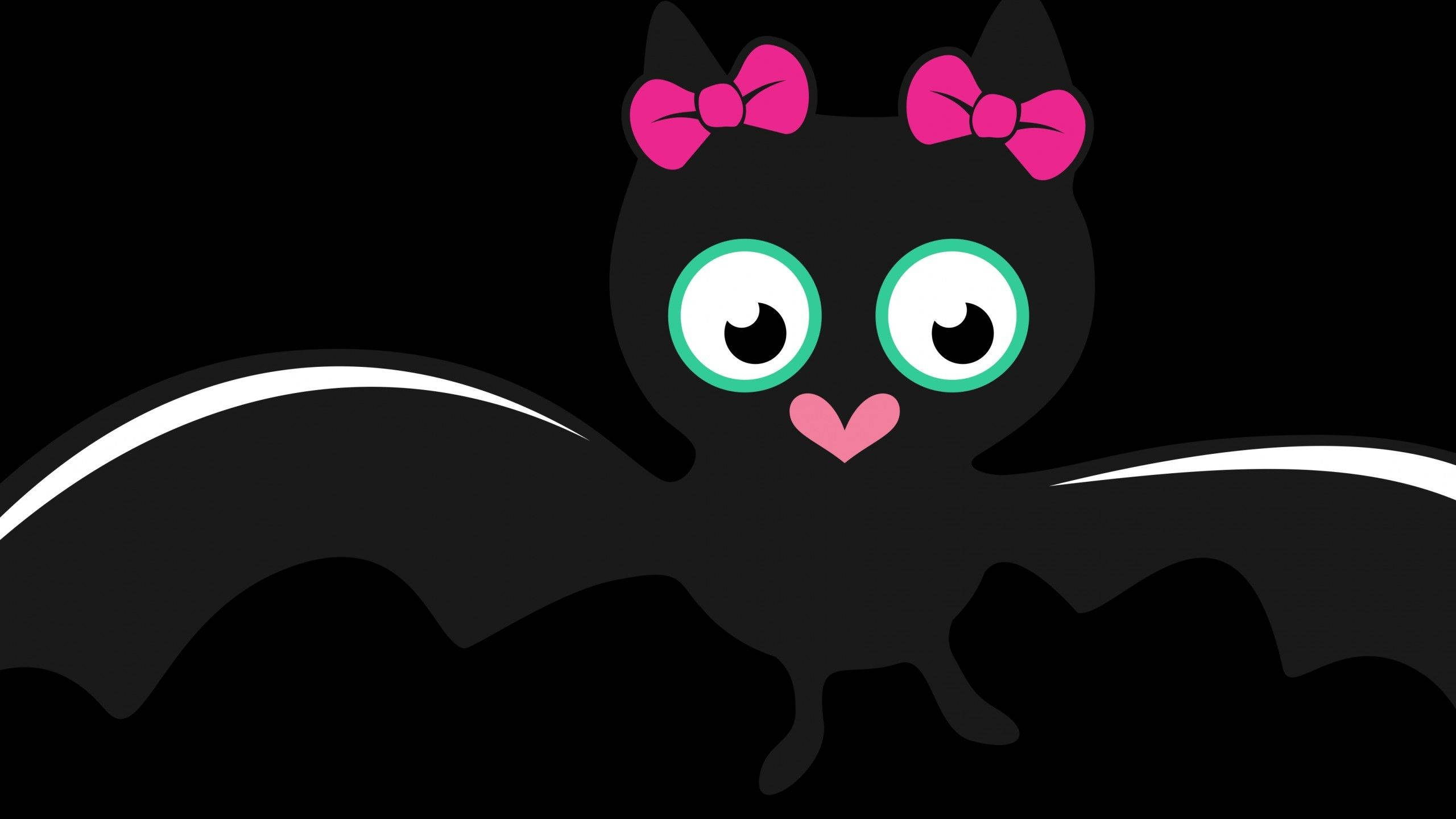 Cute Aesthetic Halloween, cartoon bat, pink bows, 2K Desktop Wallpaper