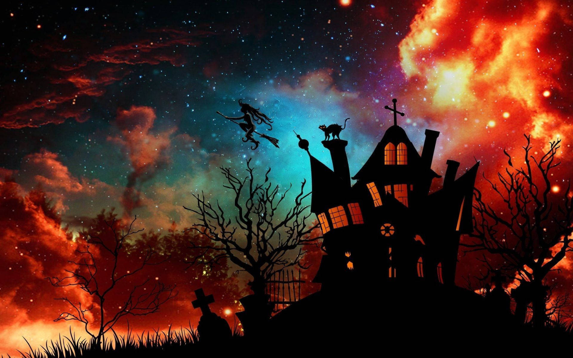 Cute Aesthetic Halloween, witch house, fiery starry sky, Full HD Desktop Wallpaper