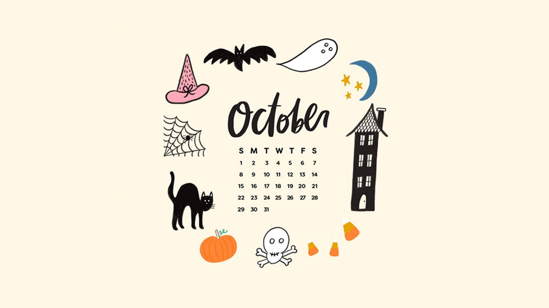 Cute Aesthetic Halloween October Calendar, witch hat, bat, Full HD Desktop Wallpaper