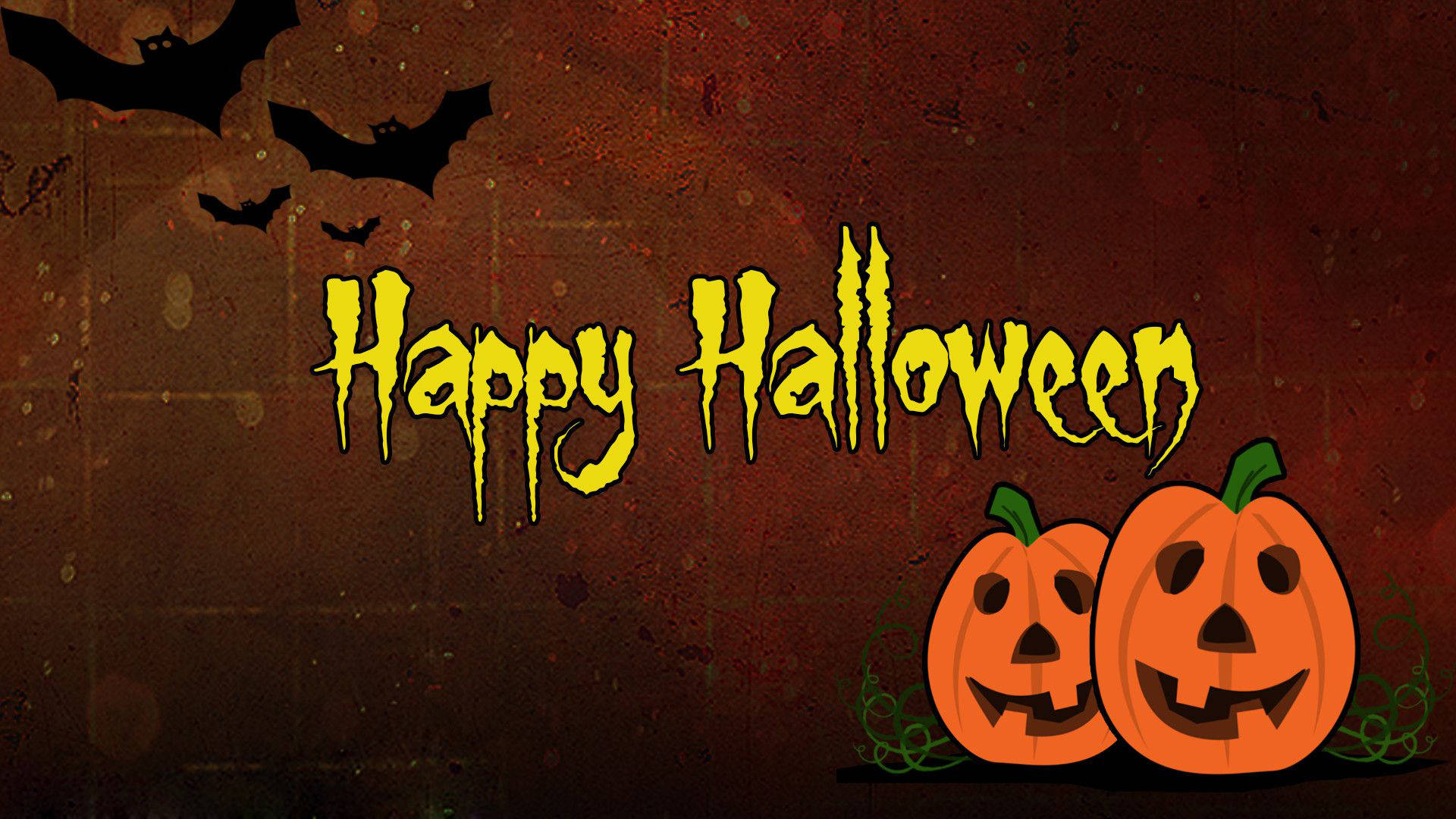 jack-o'-lanterns, glowing yellow 'Happy Halloween' text, dark red textured background, Full HD Desktop Wallpaper