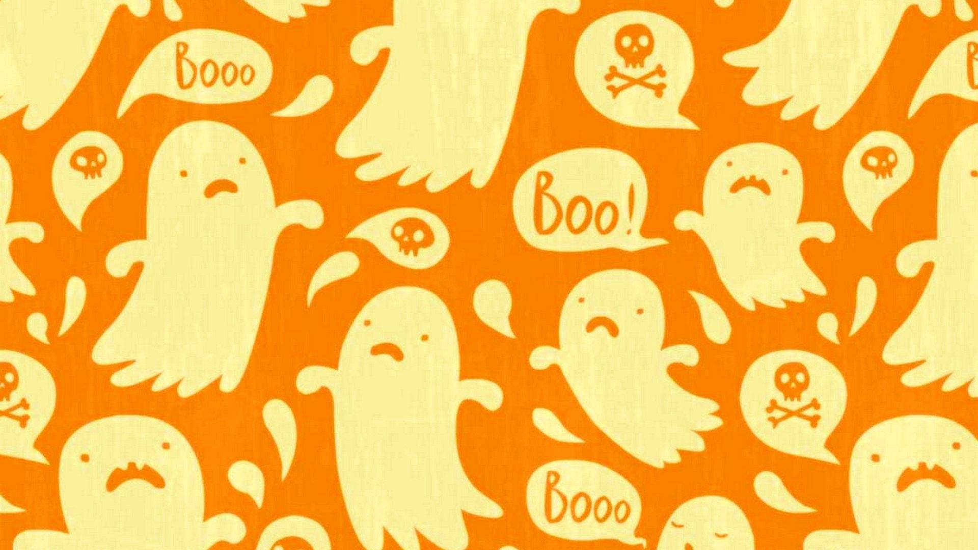 Cute Aesthetic Halloween, cream ghosts, skull icons, Full HD Desktop Wallpaper
