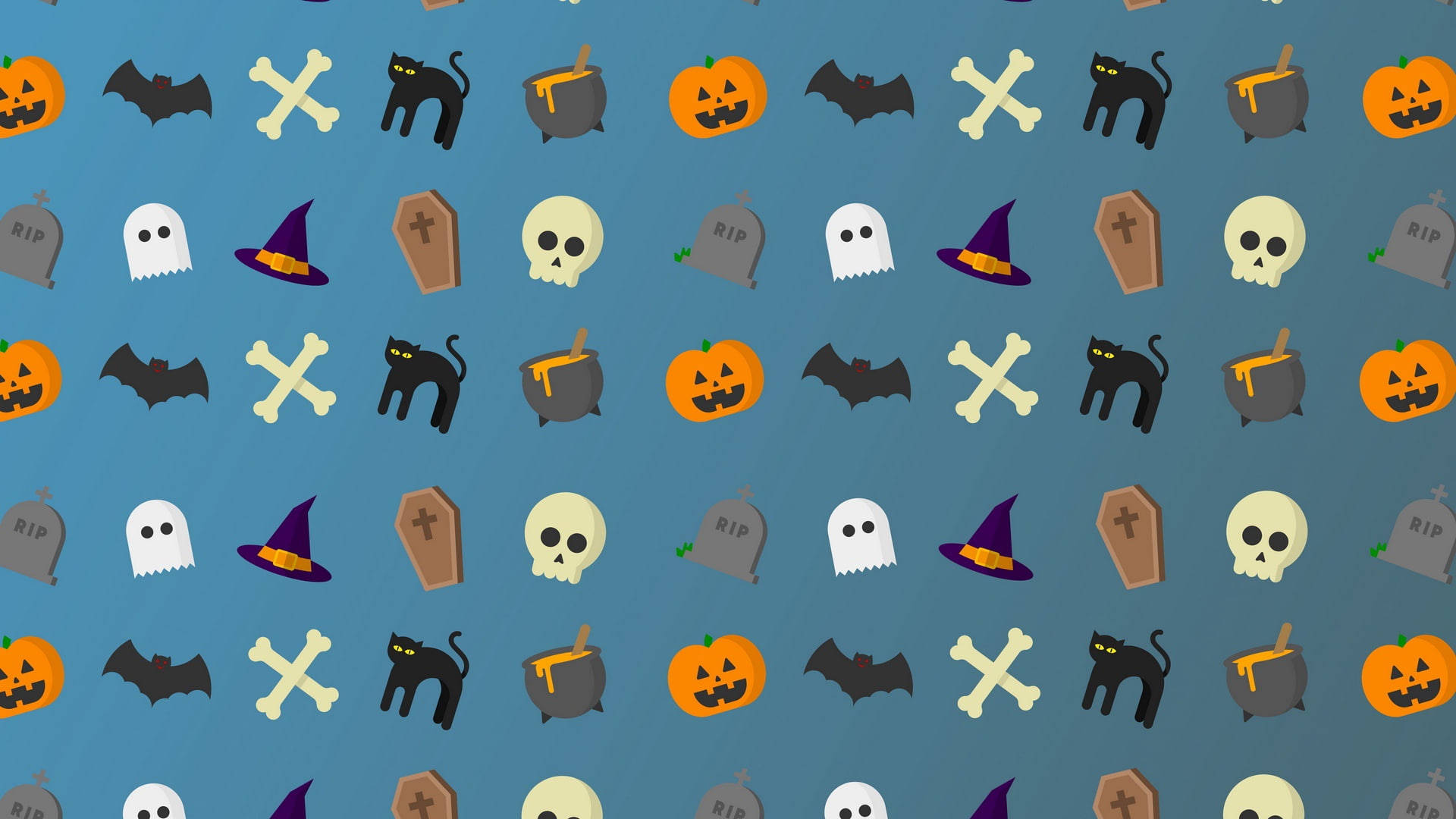 blue background, Halloween icons, pumpkins, Full HD Desktop Wallpaper