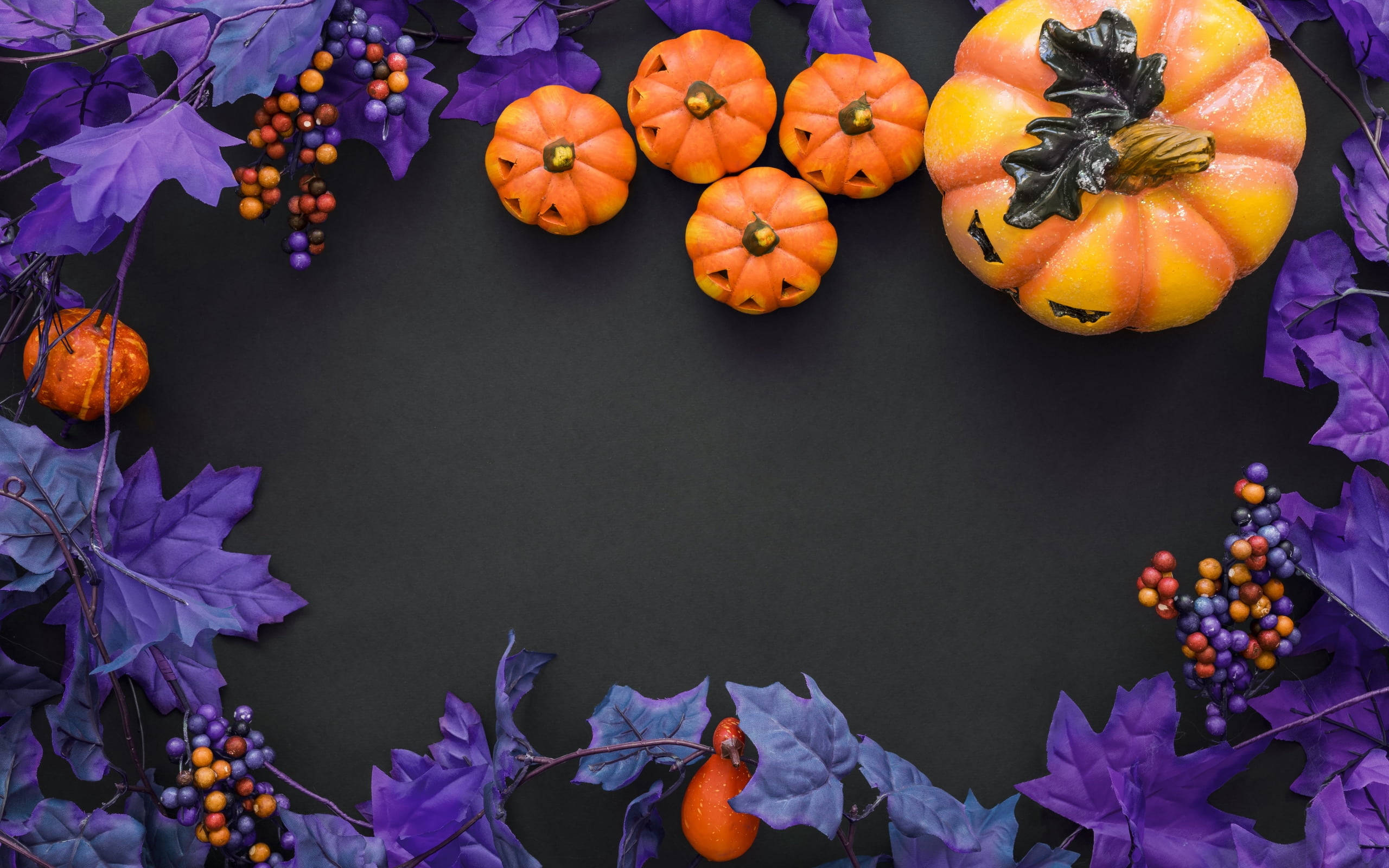 purple cute aesthetic halloween, Vibrant orange pumpkins, deep purple leaves, 2K Desktop Wallpaper