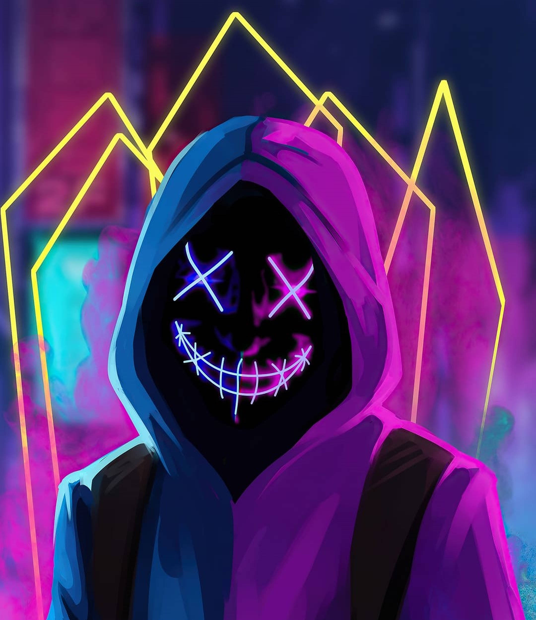 neon X eyes, stitched grin, vibrant purple and yellow neon-lit urban backdrop, Full HD Phone Wallpaper