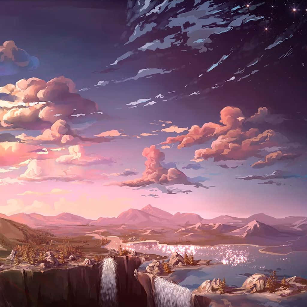 Cute Aesthetic iPad, twilight landscape, cascading waterfalls, SD Desktop Wallpaper