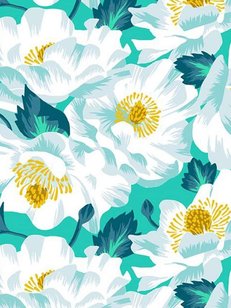 teal, white flowers, yellow centers, SD Phone Wallpaper