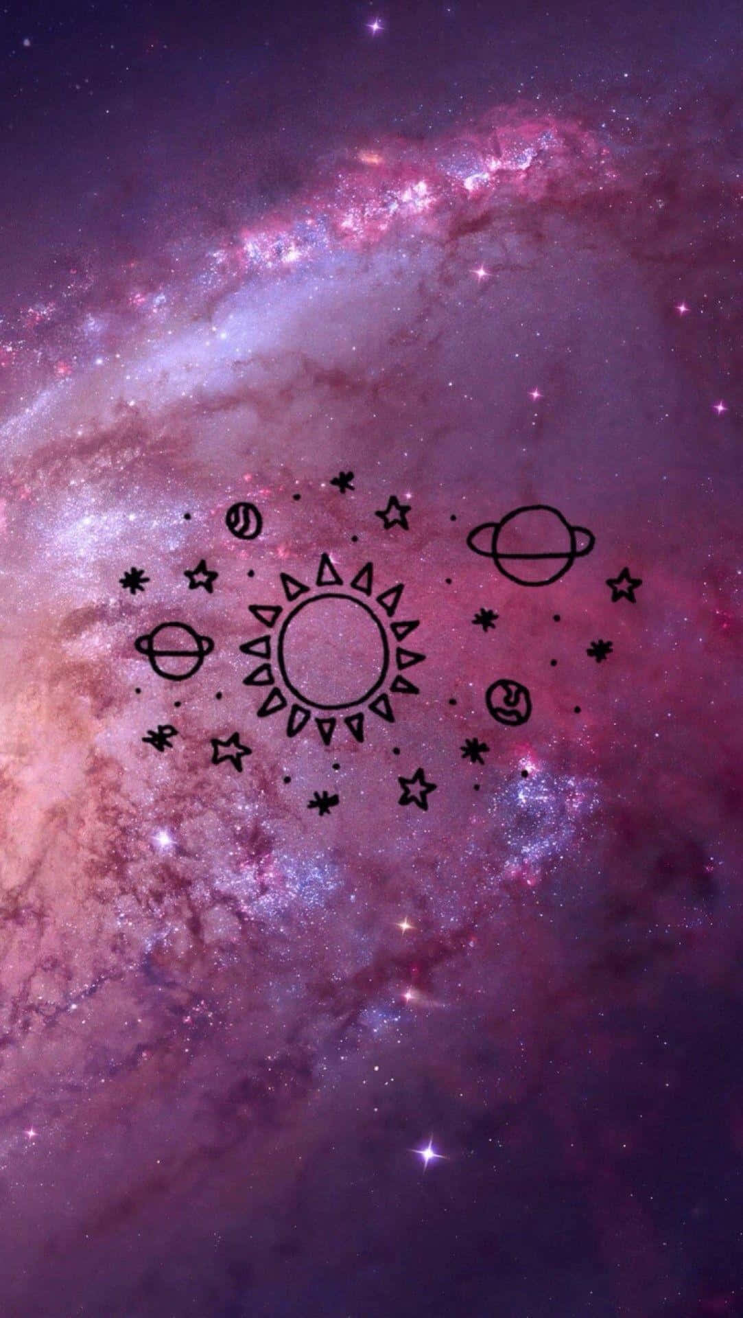 purple nebula, black line art, sun planets, Full HD Phone Wallpaper