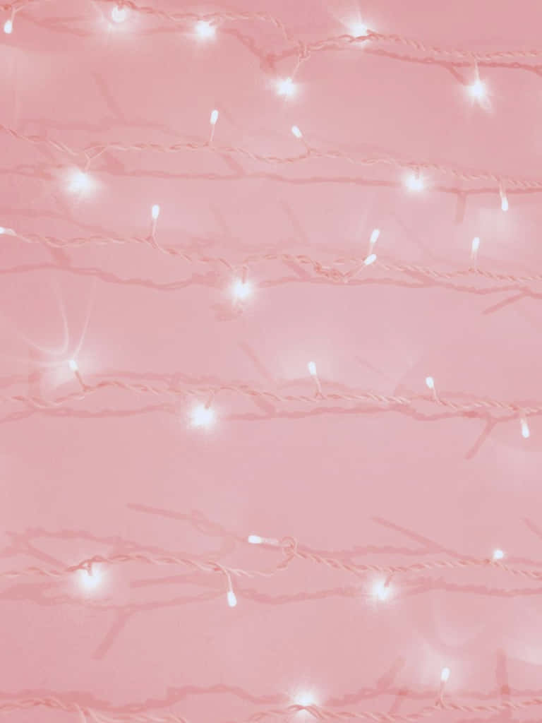 Soft pink background, glowing white string lights, cozy festive ambiance, SD Phone Wallpaper