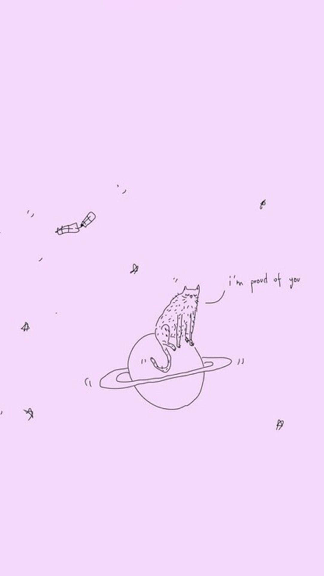cat, planet with rings, soft lavender background, Full HD Phone Wallpaper