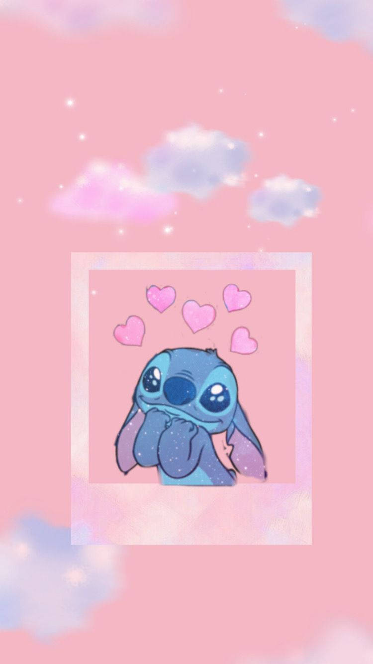 Cute Aesthetic Stitch, pink polaroid picture, blue alien, HD Phone Wallpaper