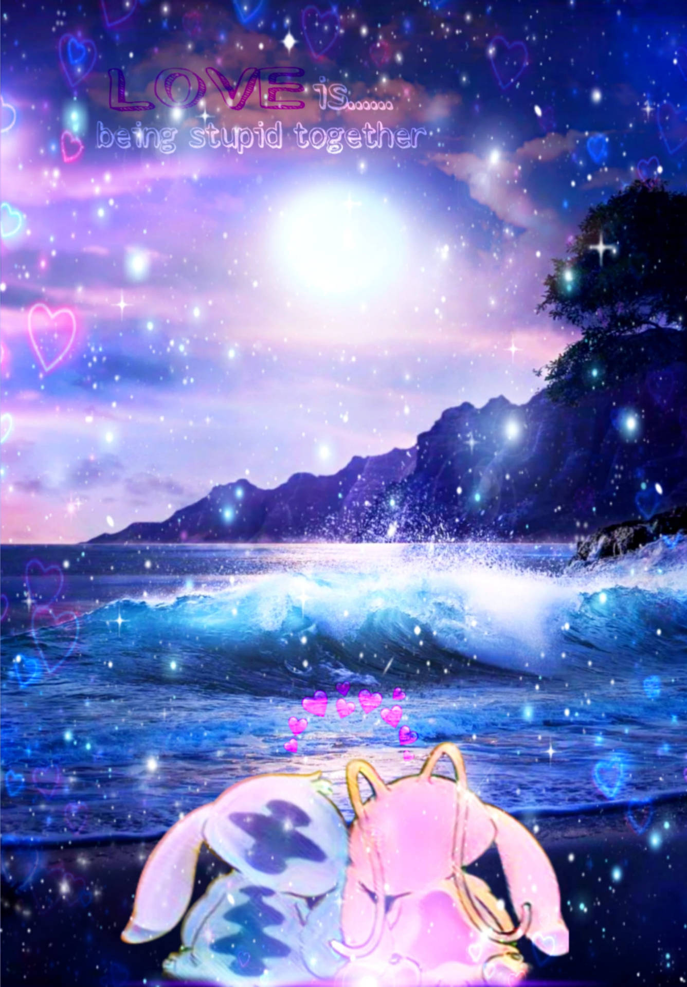 Pink Stitch, Blue Stitch, starry beach, Full HD Phone Wallpaper