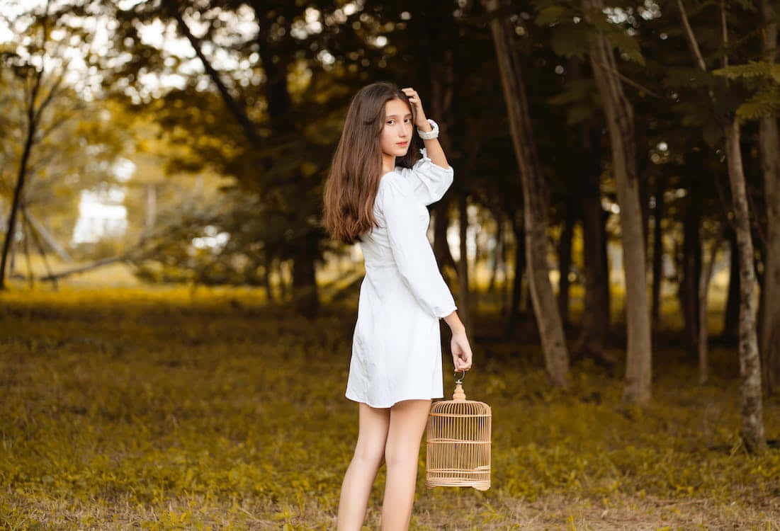 Cute Aesthetic Teenage, white dress, sunlit forest, SD Desktop Wallpaper