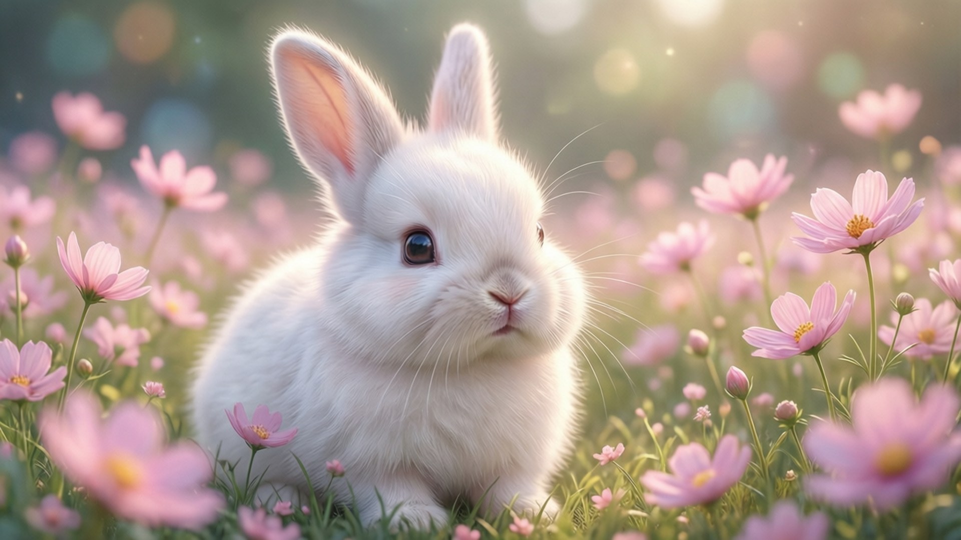 bunny, pink cosmos flowers, soft golden sunlight, Full HD Desktop Wallpaper