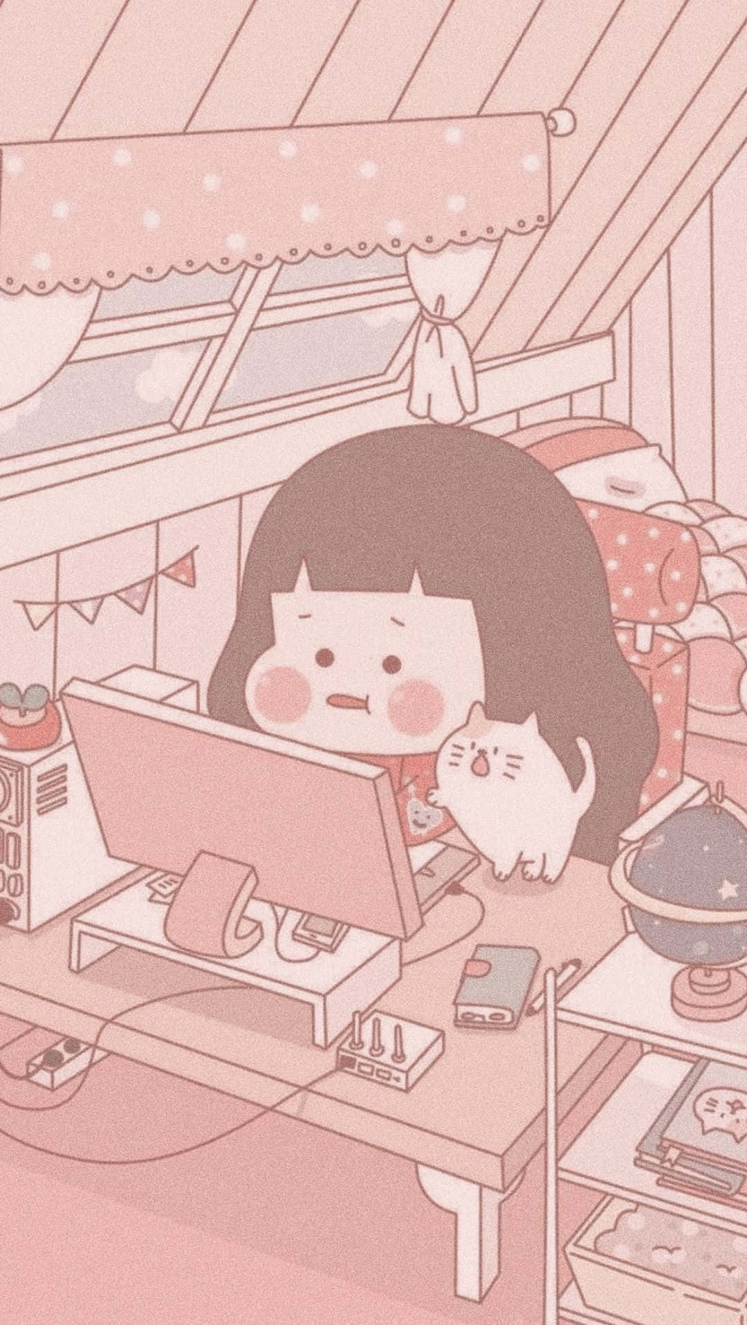 chibi, Korean anime girl, cat, HD Phone Wallpaper