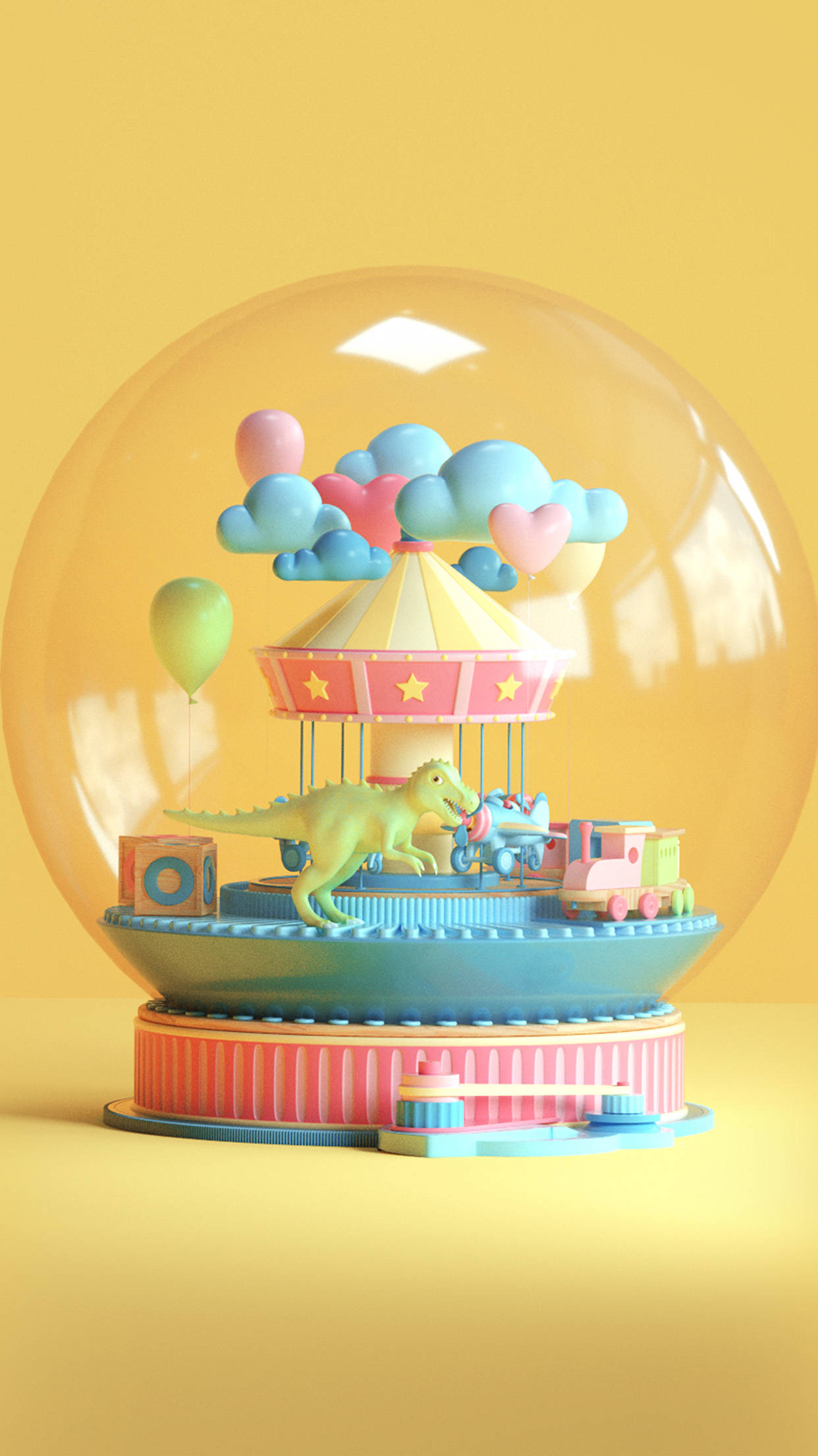 snow globe dino kawaii iphone, dinosaur carousel, pastel clouds, Full HD Phone Wallpaper