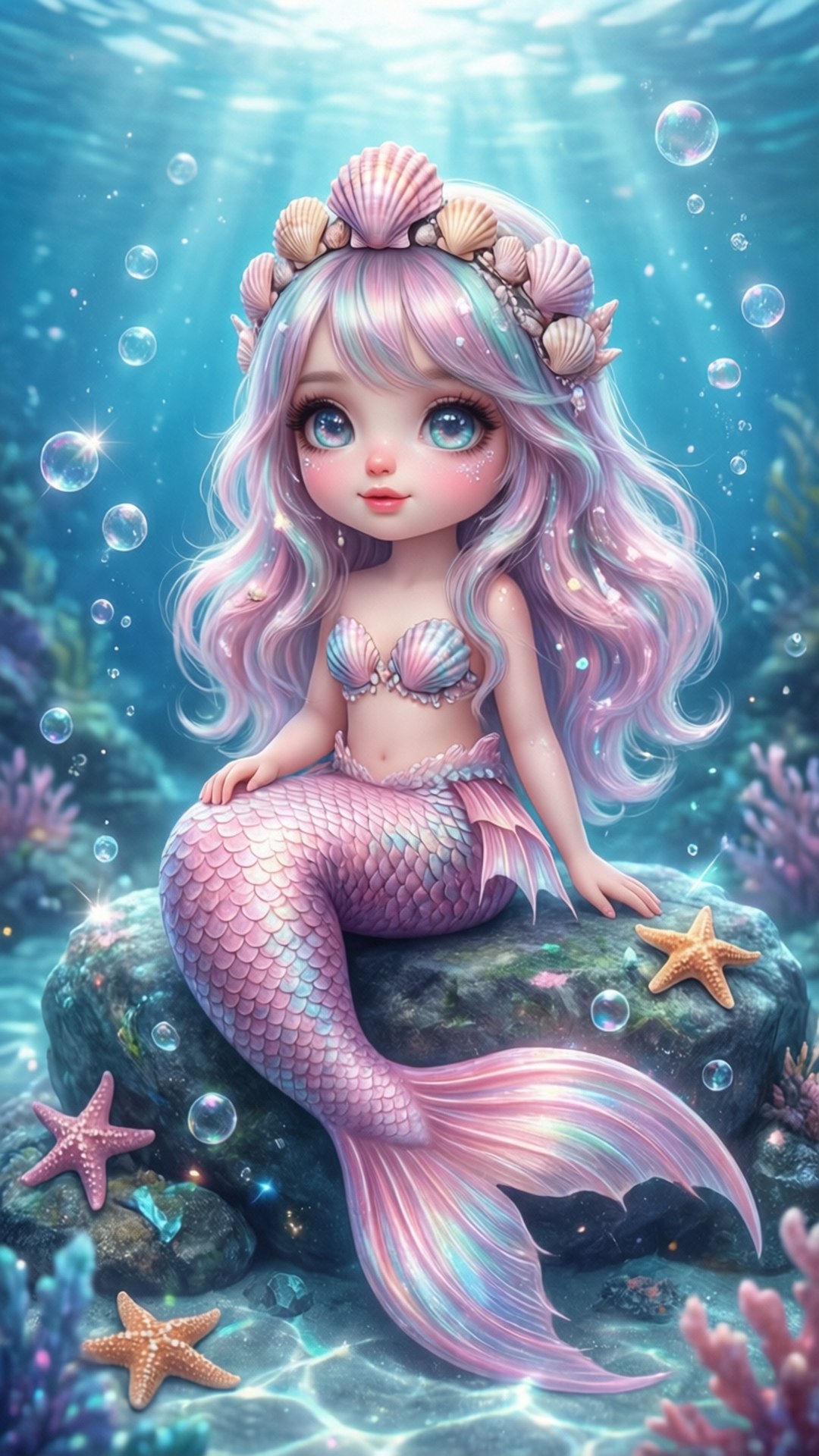 pastel mermaid dream, pastel pink and blue hair, shell crown, Full HD Phone Wallpaper