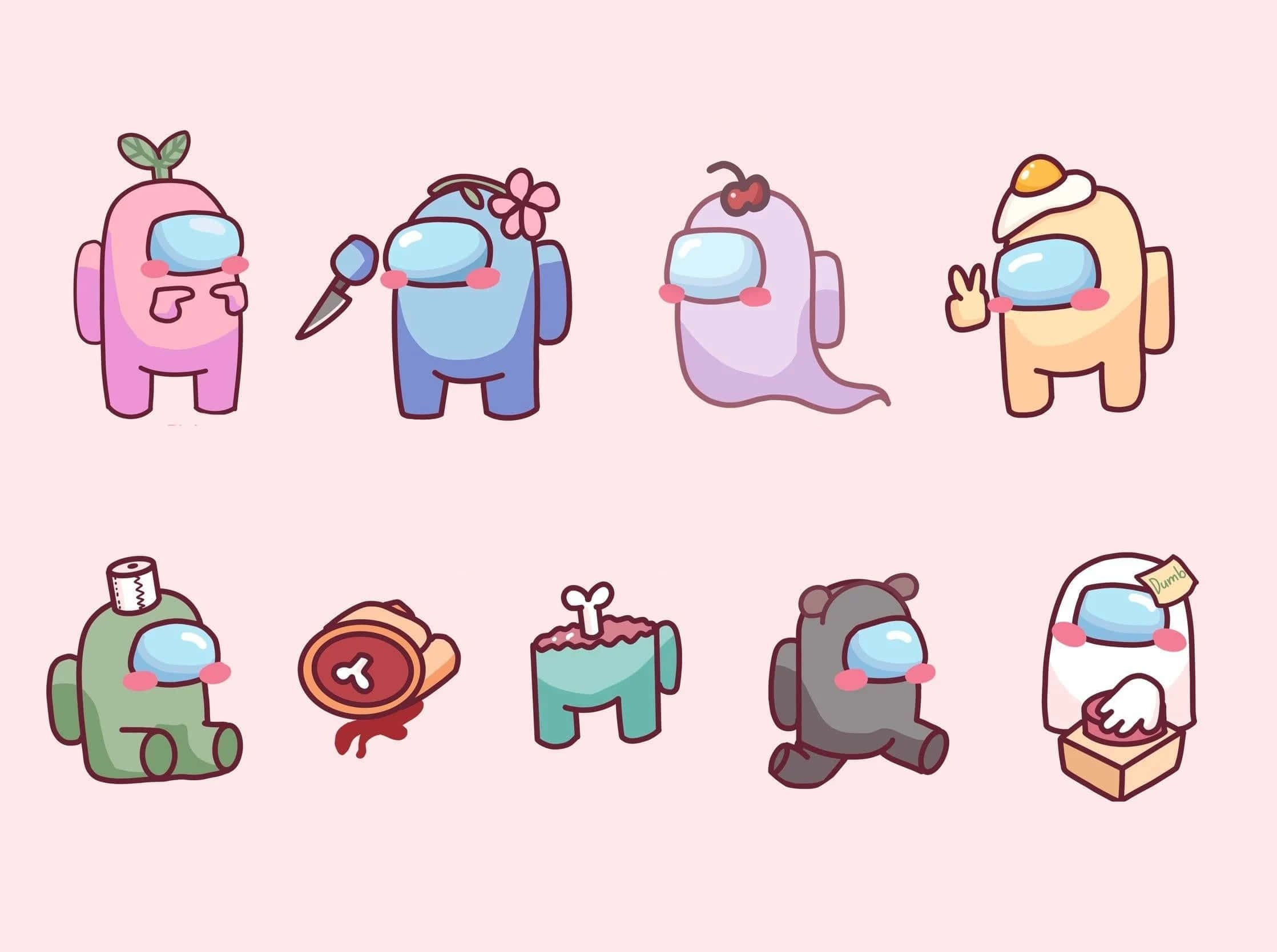 Among Us, cute Among Us characters, food and plant accessories, Full HD Desktop Wallpaper