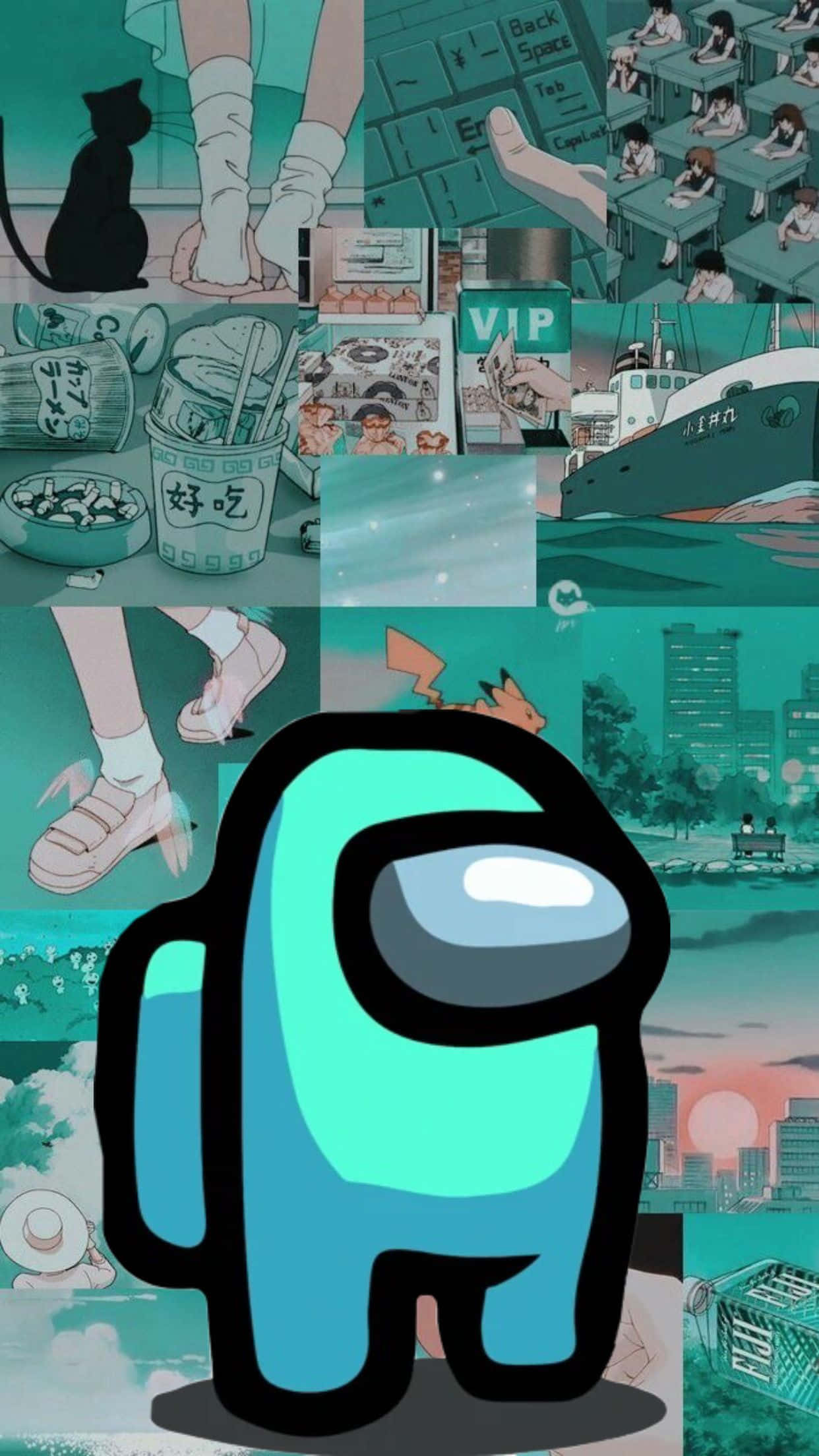 Among Us, anime, teal-toned, Full HD Phone Wallpaper
