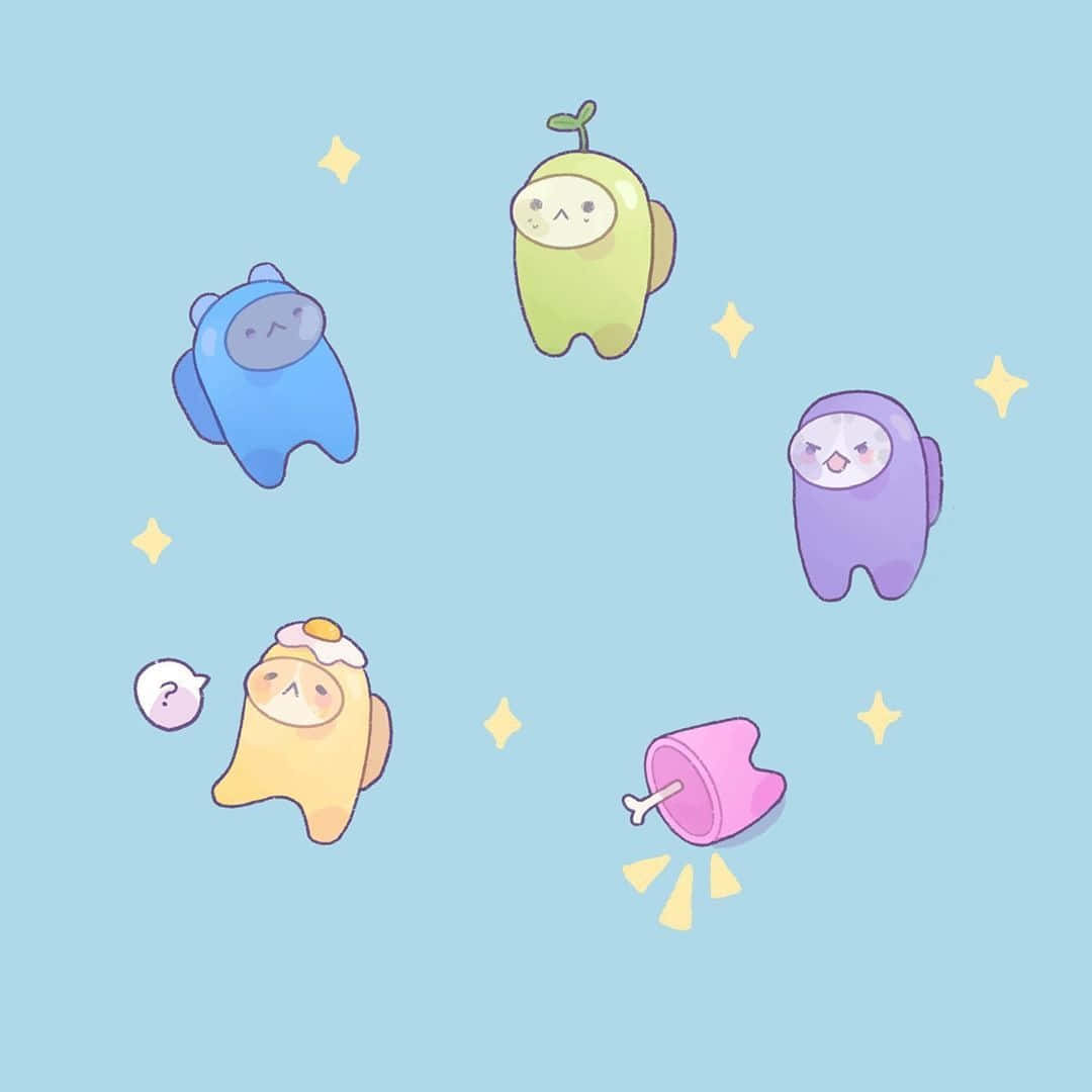 Cute Among US, cartoon characters, soft blue background, SD Desktop Wallpaper