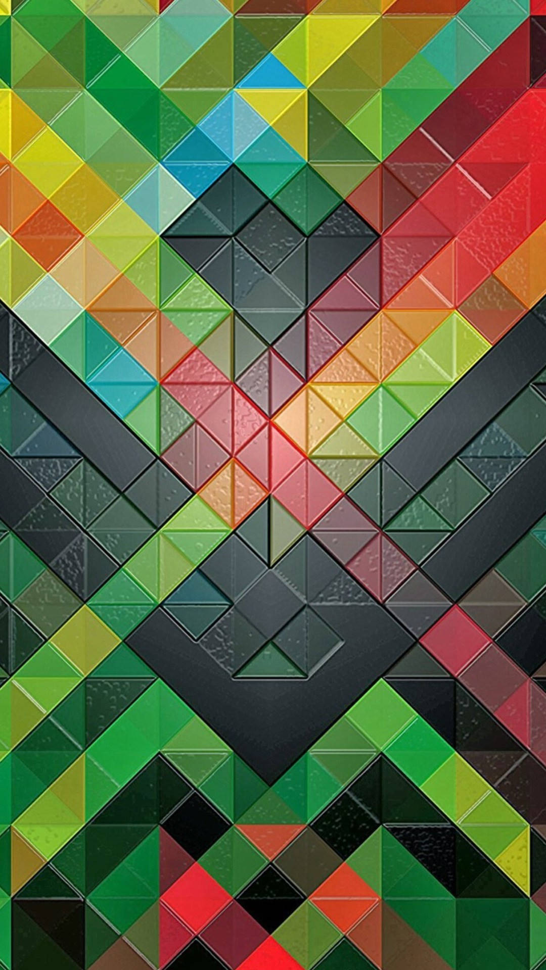 colorful geometric textures, interlocking triangles, bold greens reds and blacks, Full HD Phone Wallpaper