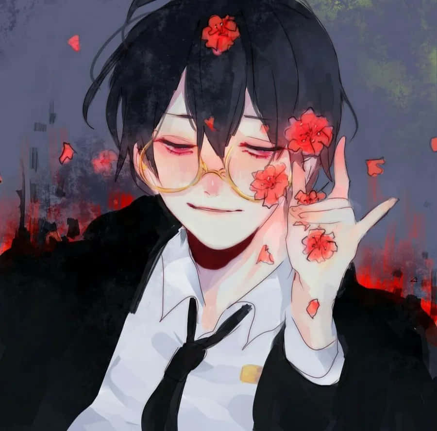 black hair, gold-rimmed glasses, red flowers, SD Desktop Wallpaper