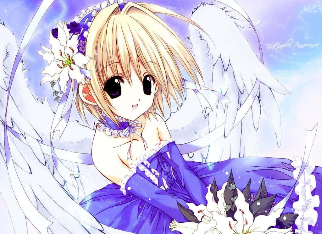 chibi anime girl, blonde hair, white angel wings, SD Desktop Wallpaper