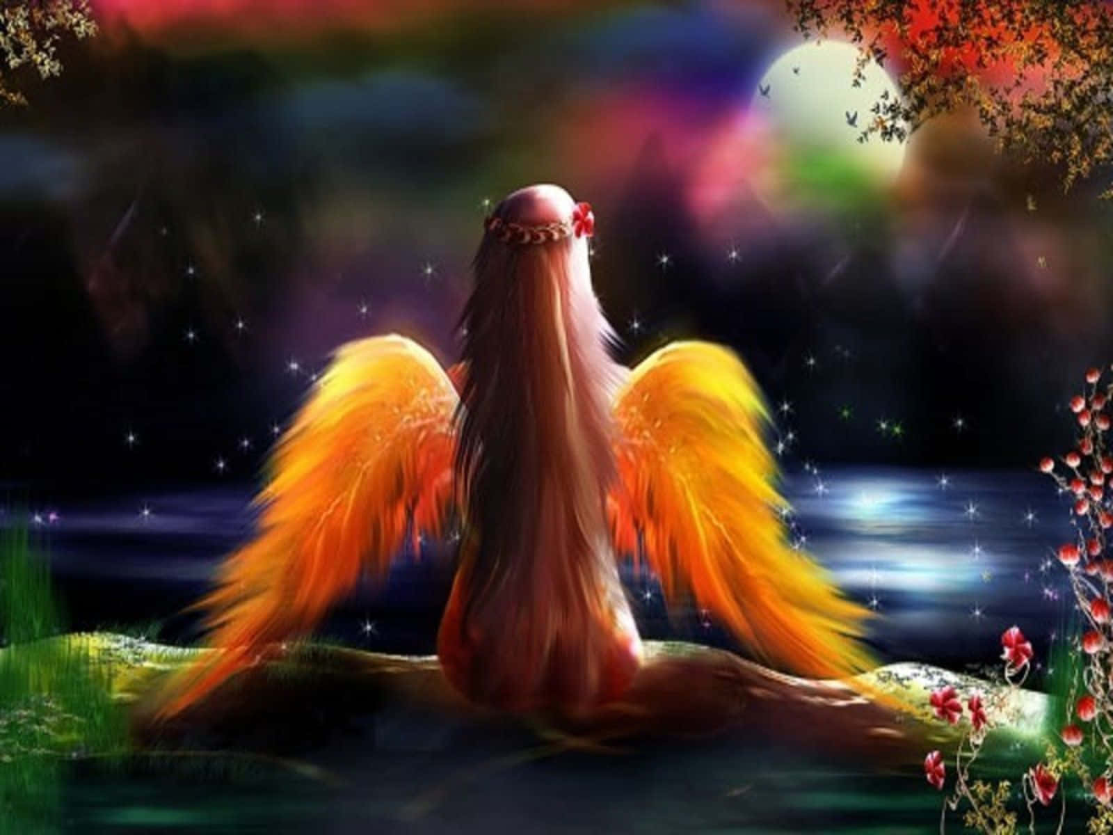 Cute Angels, fiery orange wings, glowing lake, HD Desktop Wallpaper