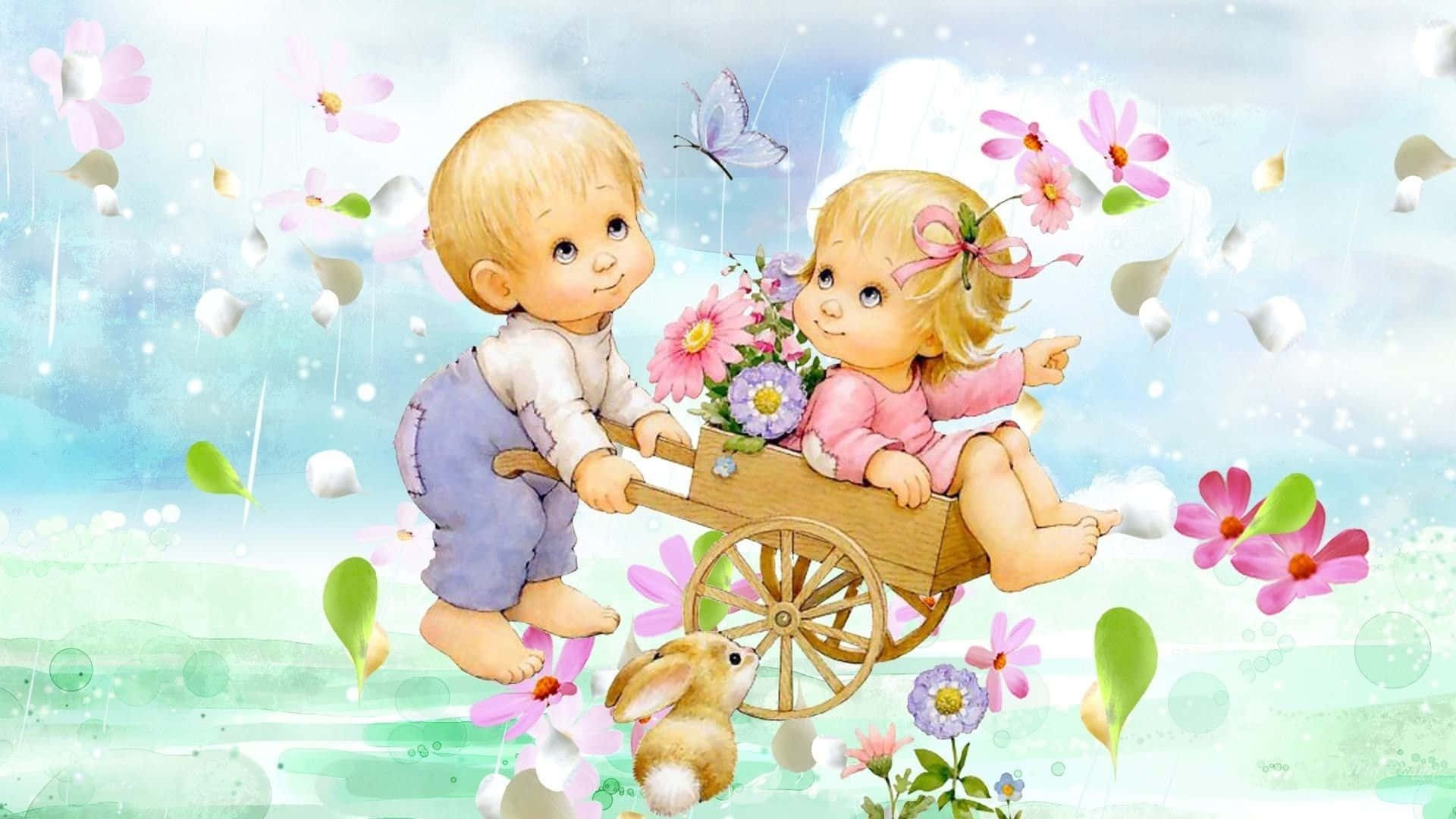 Cute Angels, wooden cart, whimsical floral sky, Full HD Desktop Wallpaper