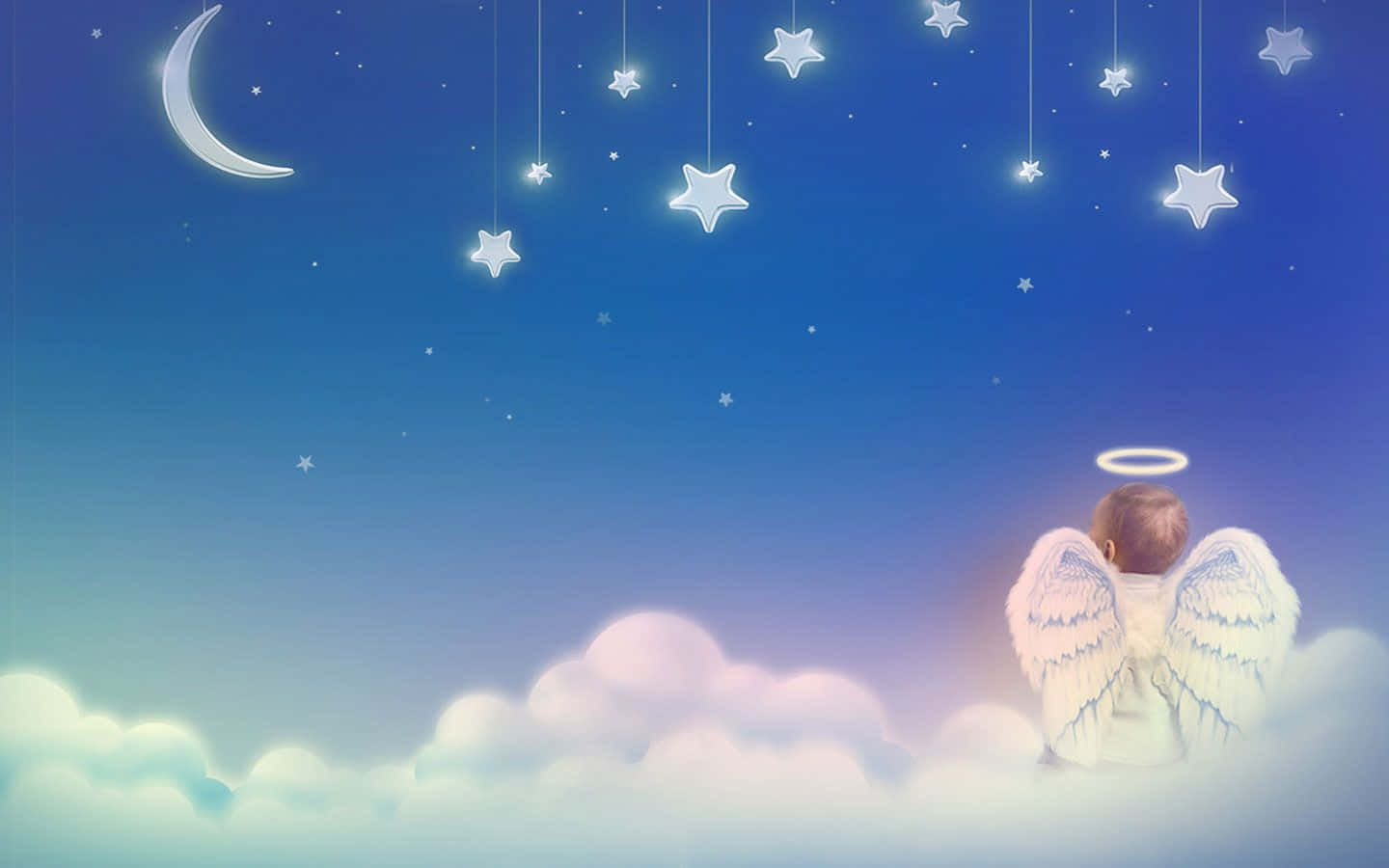 Cute Angels, white wings, hanging stars, HD Desktop Wallpaper