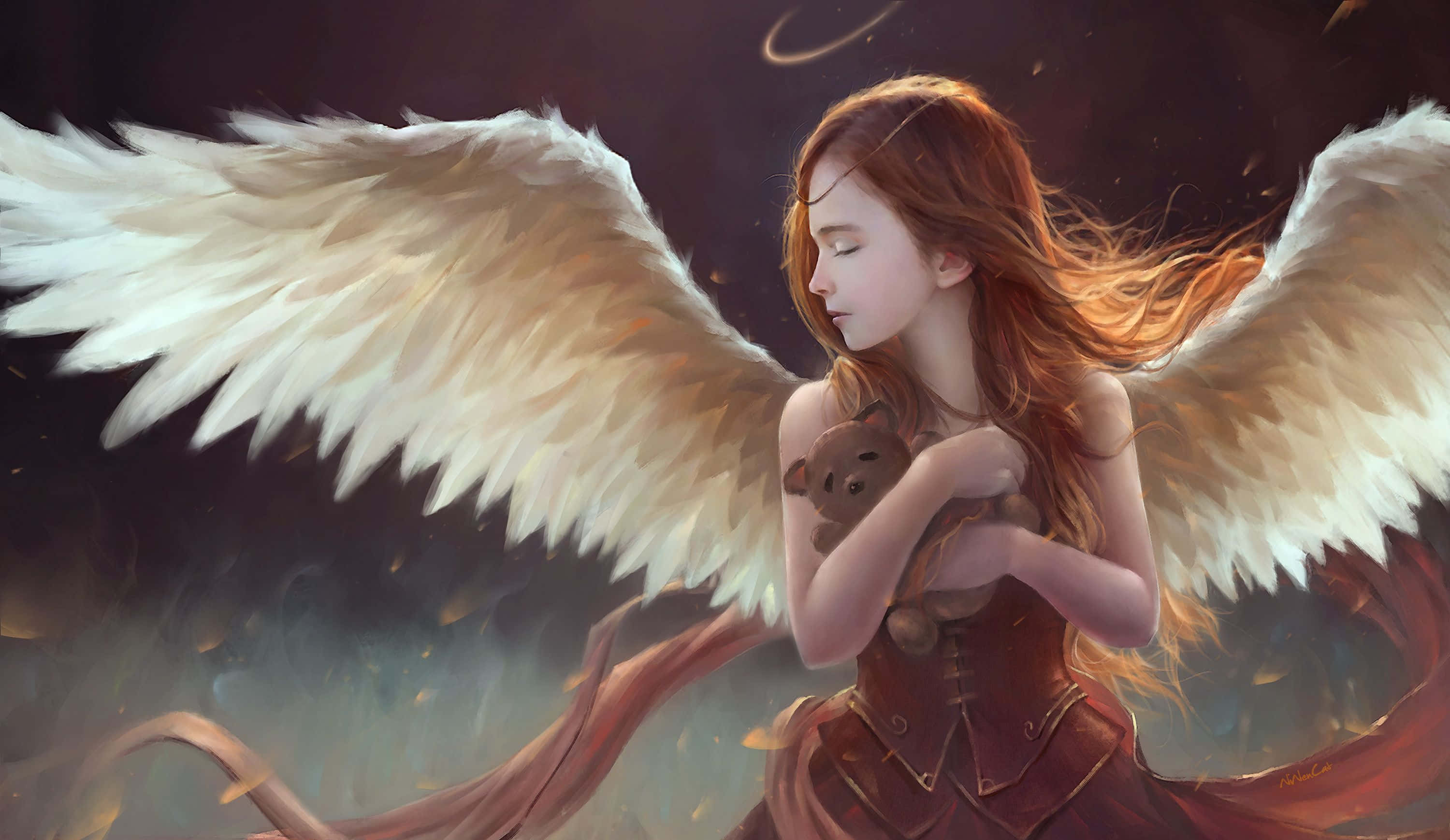 Cute Angels, large white wings, teddy bear, 2K Desktop Wallpaper