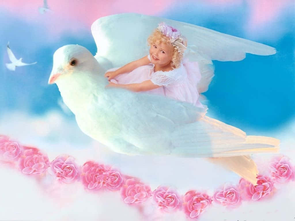 Cute Angels, pink dress, white dove, SD Desktop Wallpaper