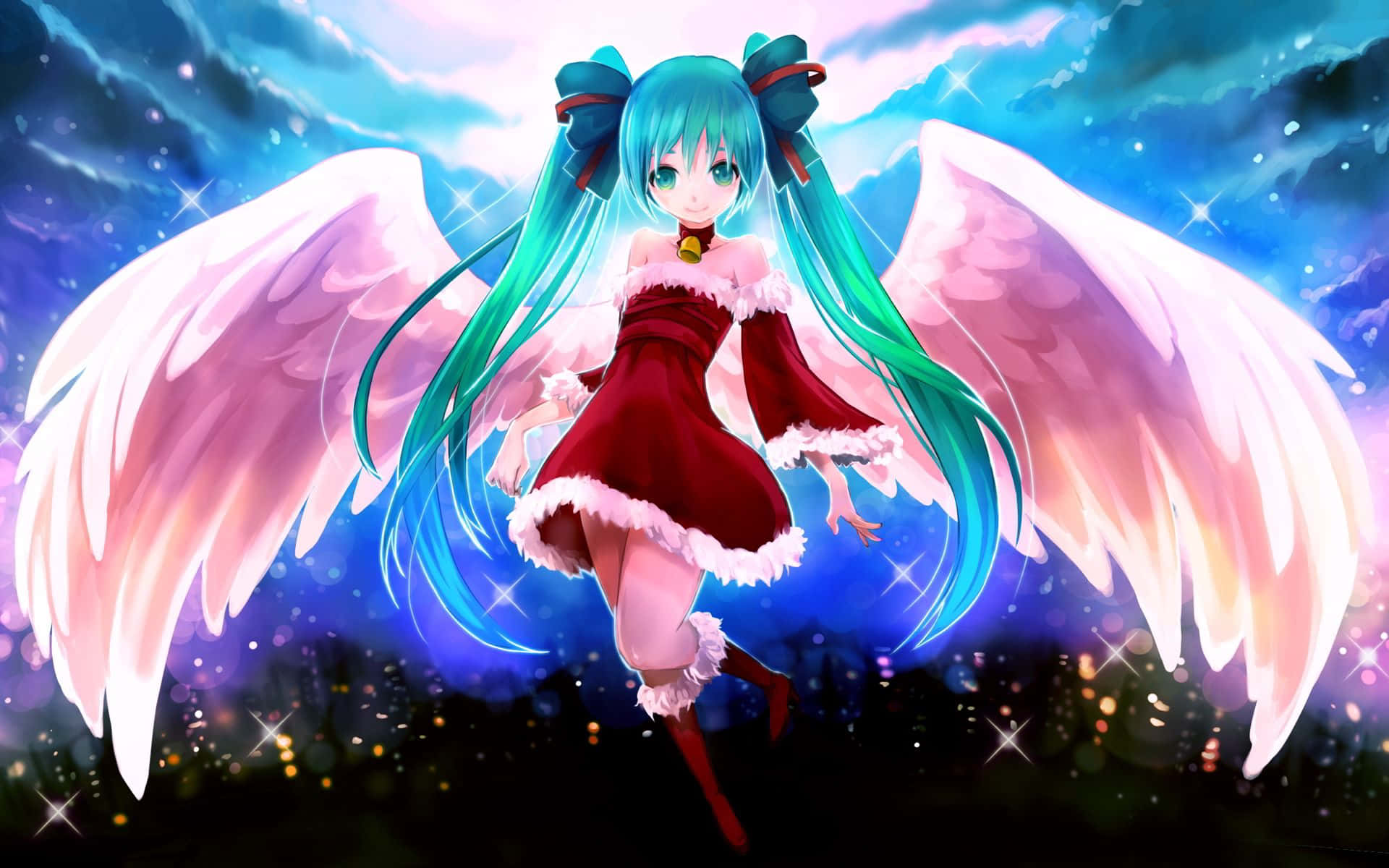 Cute Angels, turquoise hair, pink wings, Full HD Desktop Wallpaper