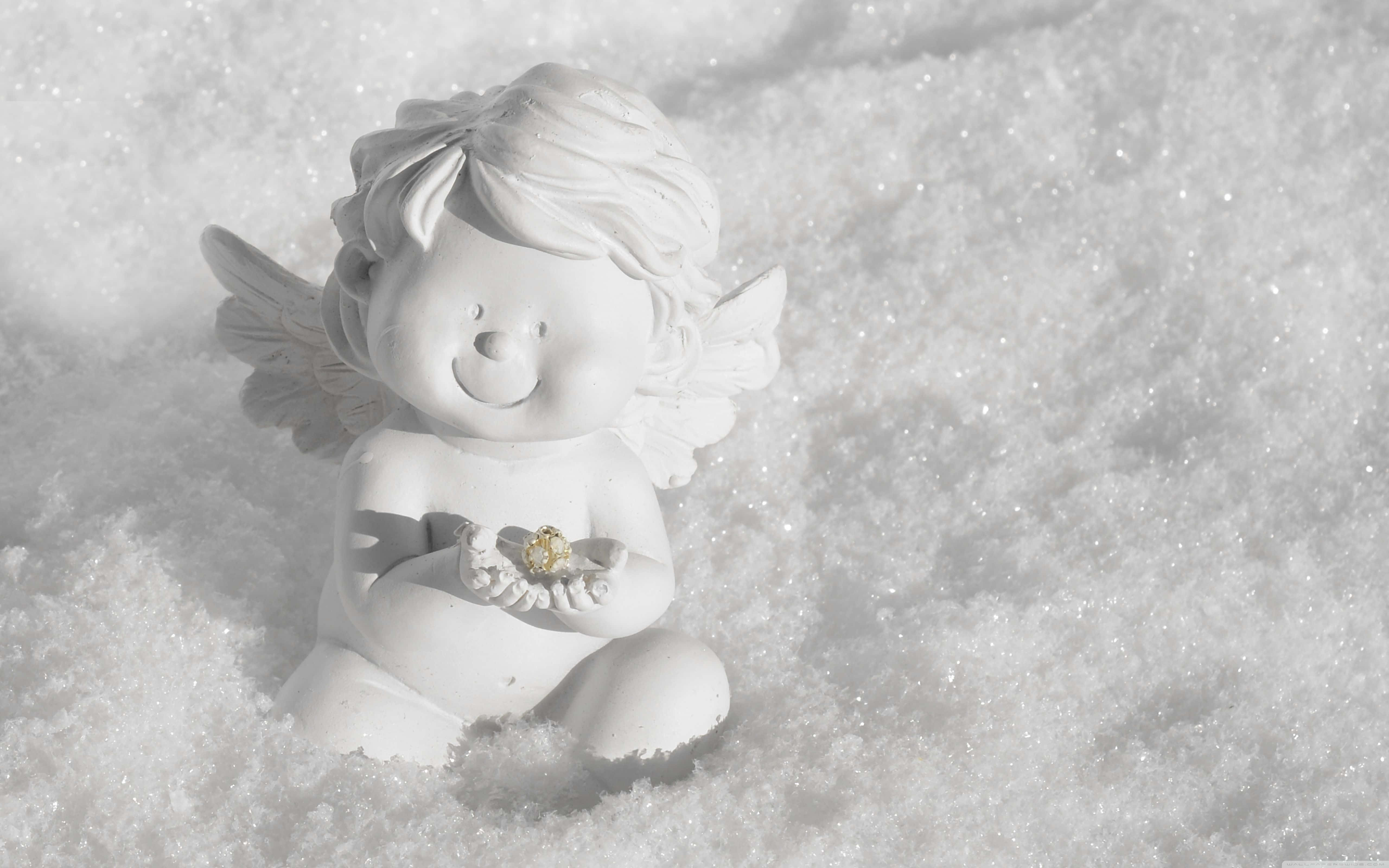cute angels, white ceramic angel figurine, sparkling snow, 5K Desktop Wallpaper