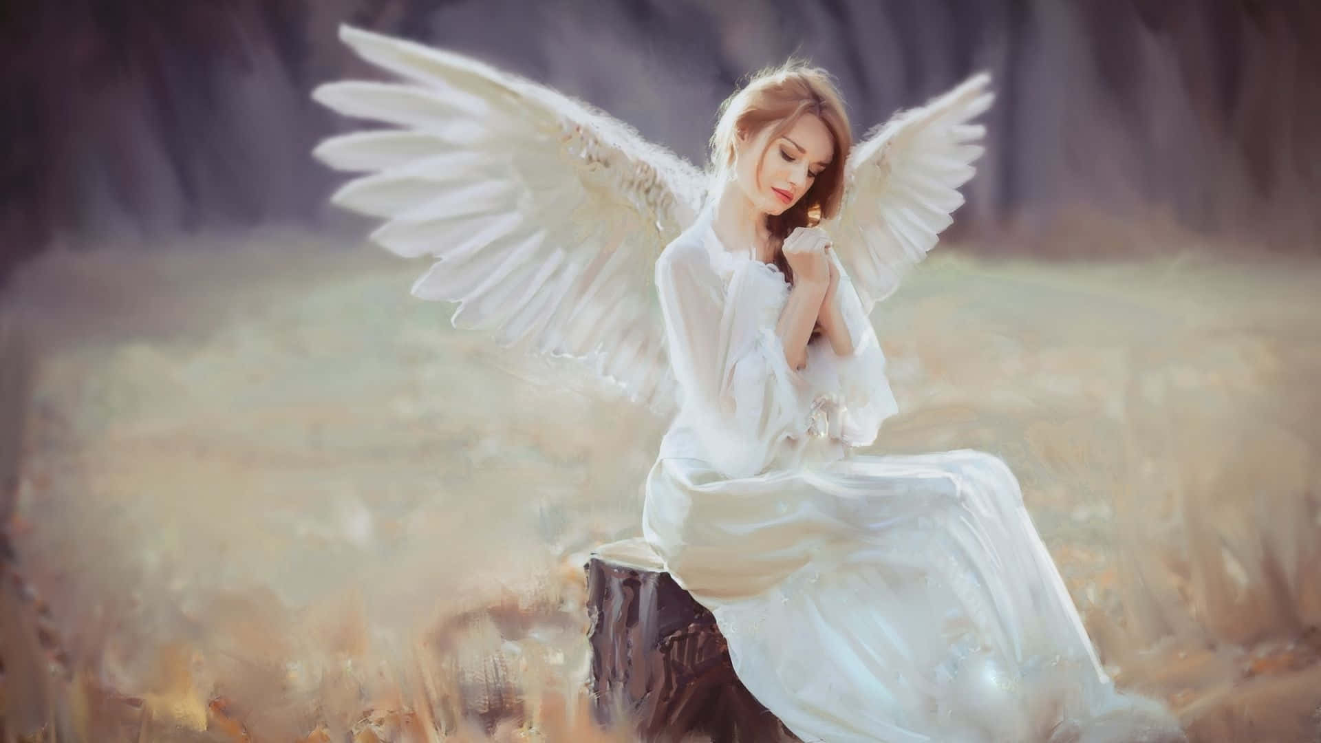 Cute Angels, white wings, tree stump, Full HD Desktop Wallpaper