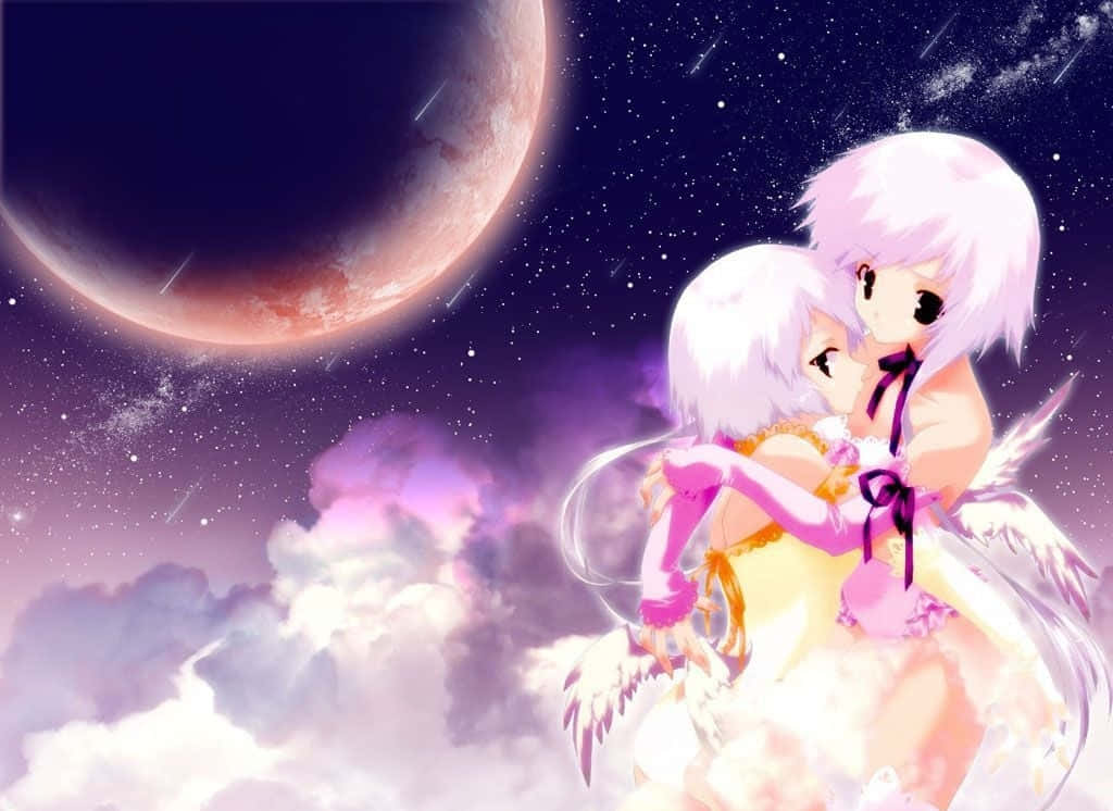 Cute Angels, white hair, purple clouds, SD Desktop Wallpaper