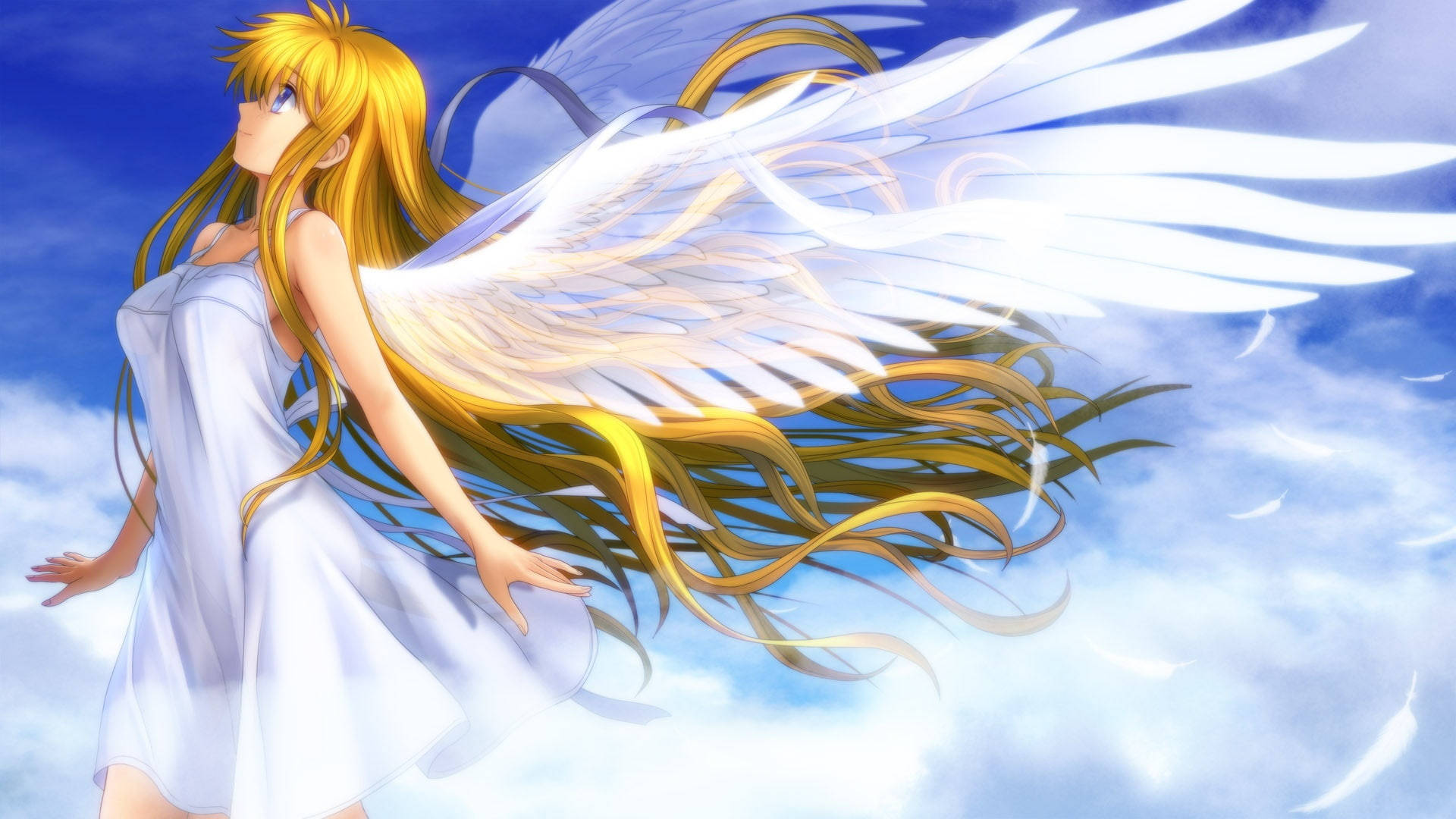 golden-haired anime angel, white wings, bright blue sky, Full HD Desktop Wallpaper
