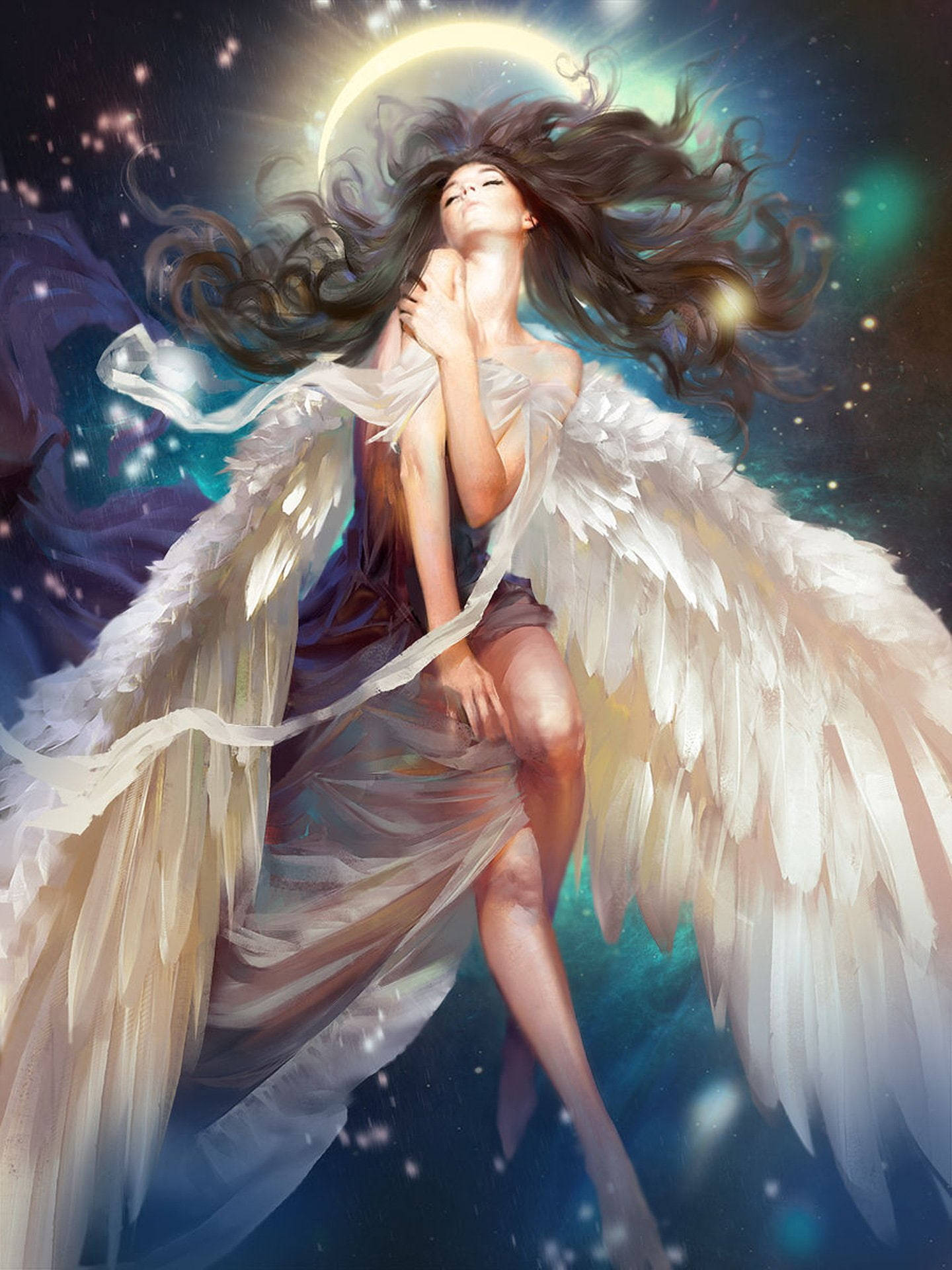 halo, angel, starry cosmic backdrop, Full HD Phone Wallpaper