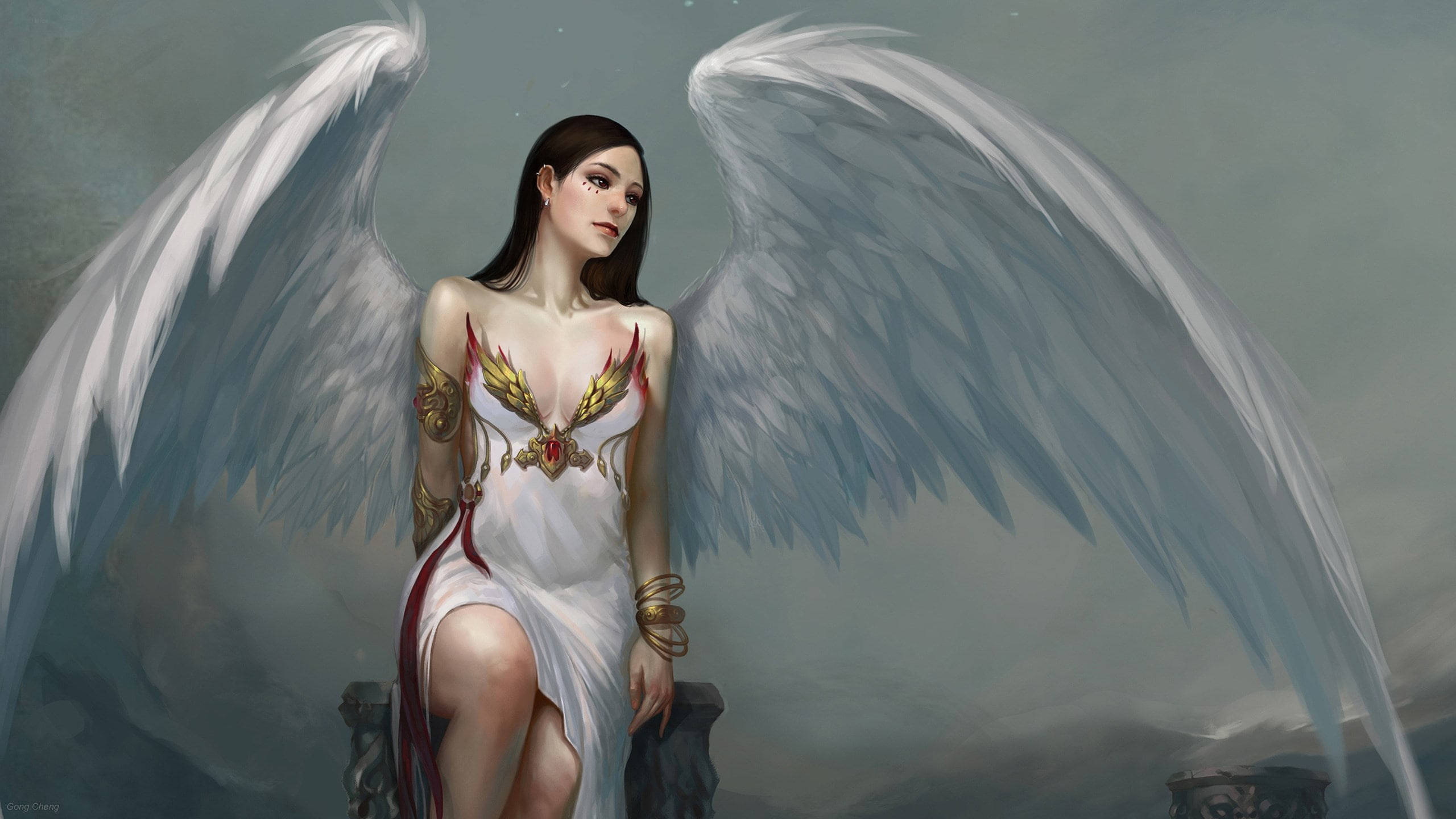 angel, white wings, golden armor, 2K Desktop Wallpaper