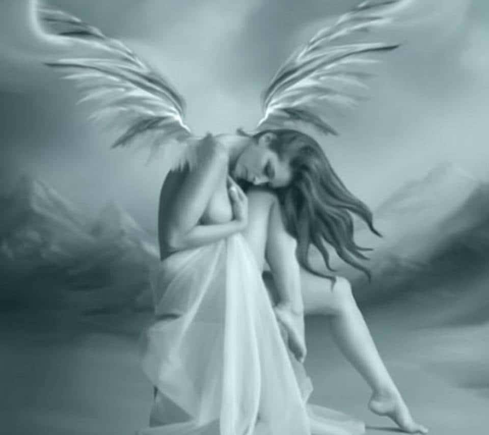 three adorable angels, heavenly clouds, sorrowful angel, SD Desktop Wallpaper