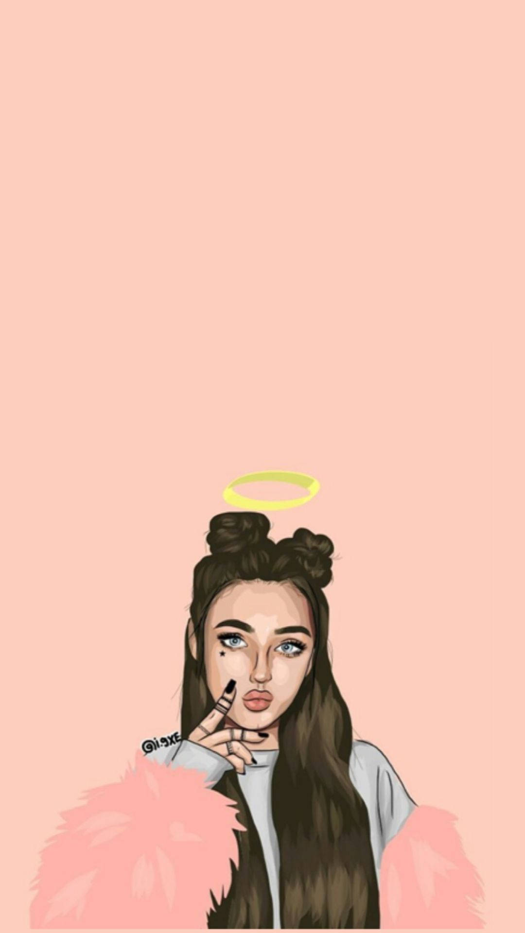 angel girl, halo, pink fur collar, Full HD Phone Wallpaper