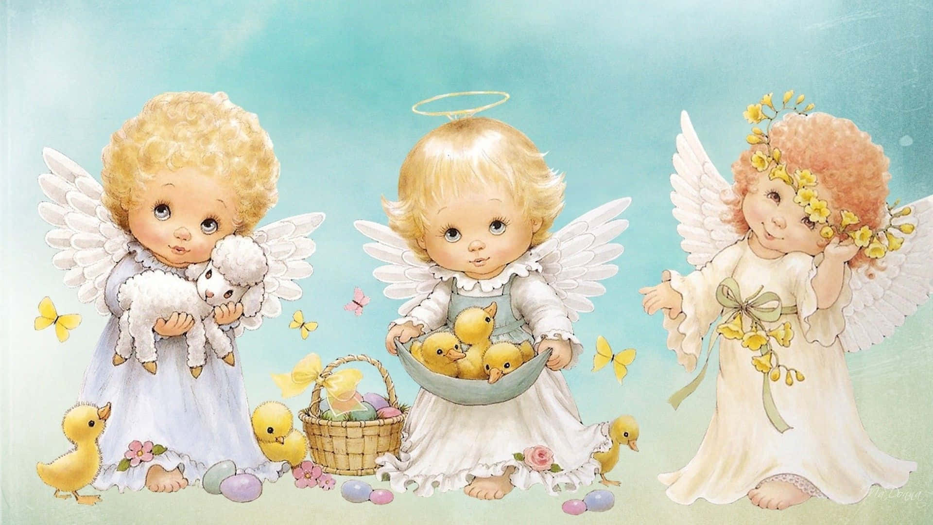 Cute Angels, cherubic angels, curly hair, Full HD Desktop Wallpaper