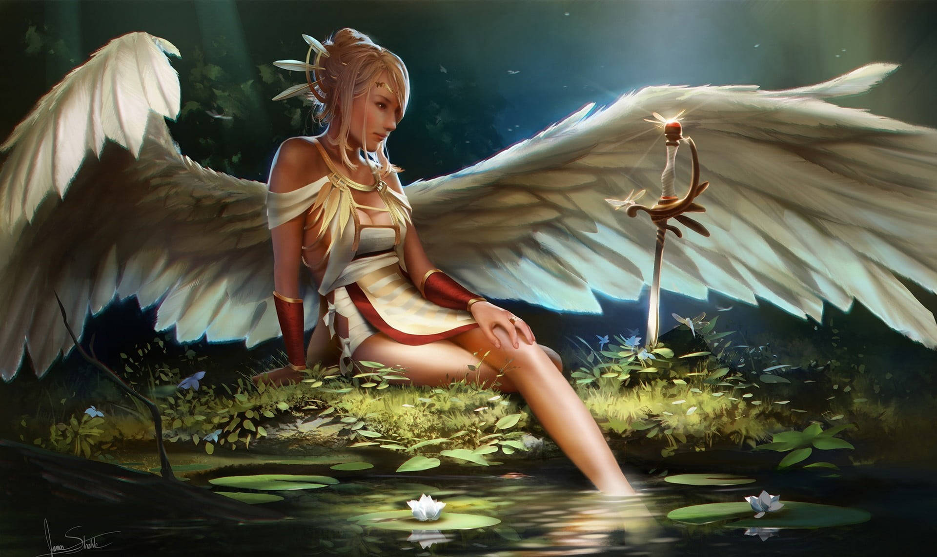 Resting Beautiful Angels, white wings, pond, Full HD Desktop Wallpaper