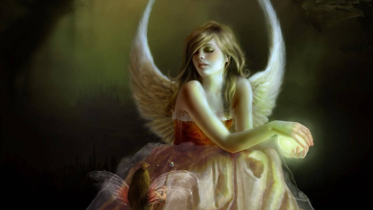 beautiful angels with a fairy, glowing wings, luminous orb, HD Desktop Wallpaper
