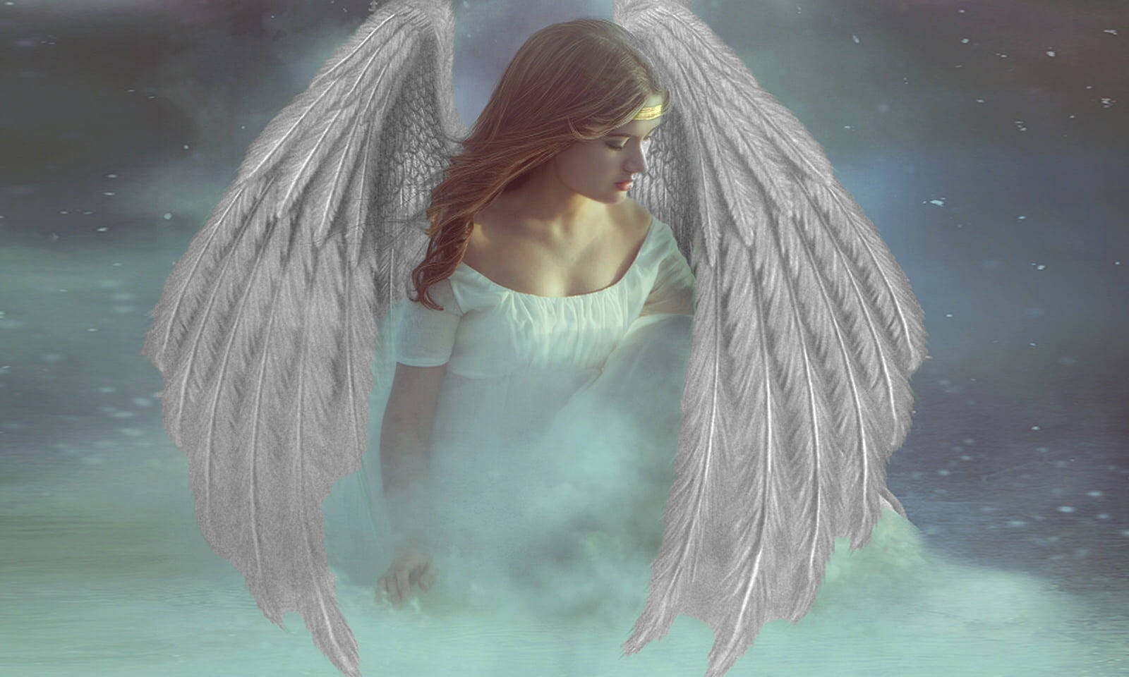 gold headband, serene angel, feathered wings, HD Desktop Wallpaper